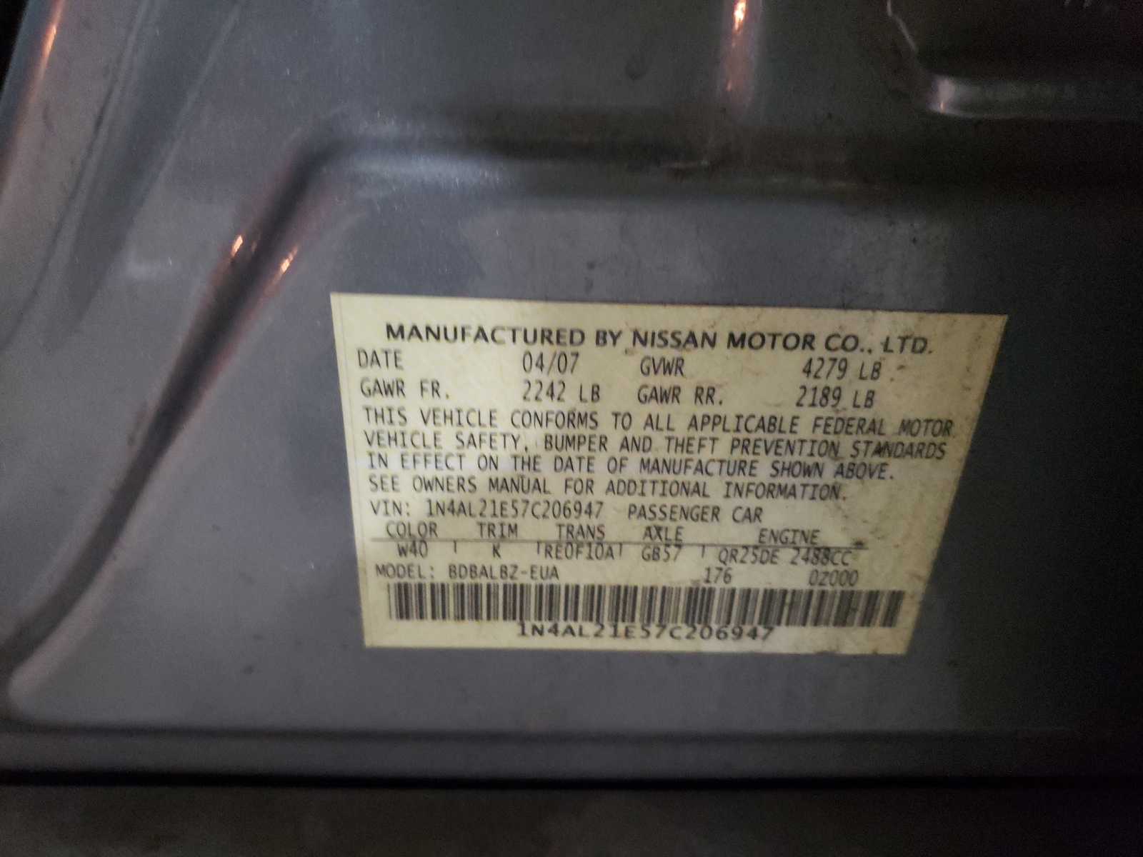 Photo 10 from auction – 2007 NISSAN ALTIMA 2.5 with VIN 1N4AL21E57C206947