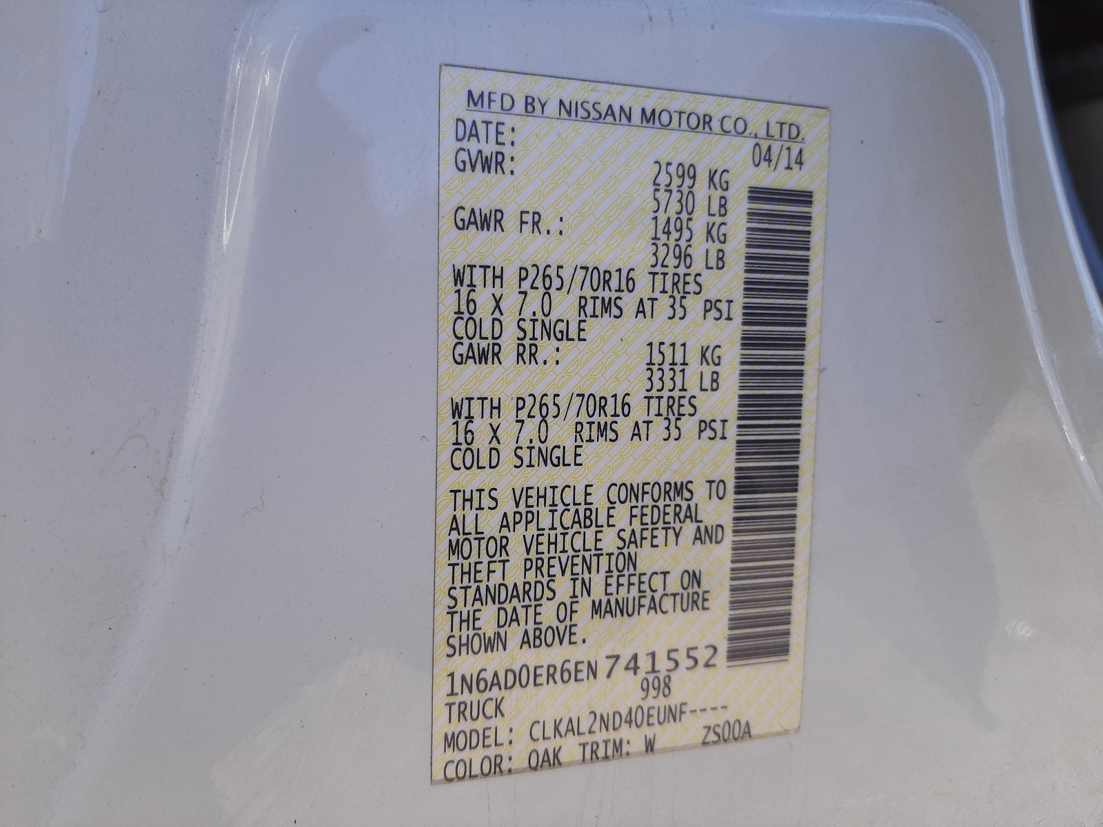 Photo 10 from auction – 2014 NISSAN FRONTIER S with VIN 1N6AD0ER6EN741552
