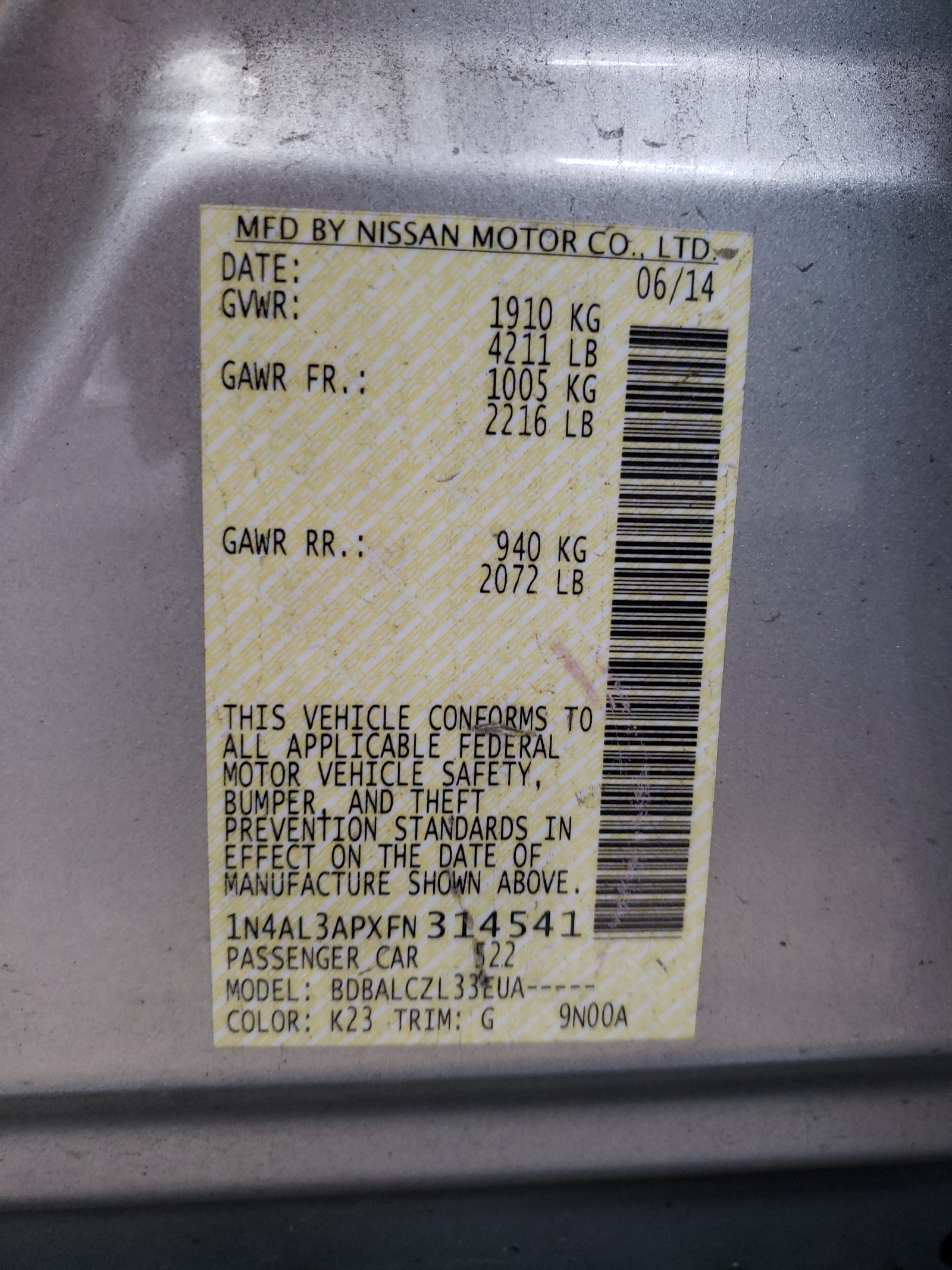 Photo 10 from auction – 2015 NISSAN ALTIMA 2.5 with VIN 1N4AL3APXFN314541
