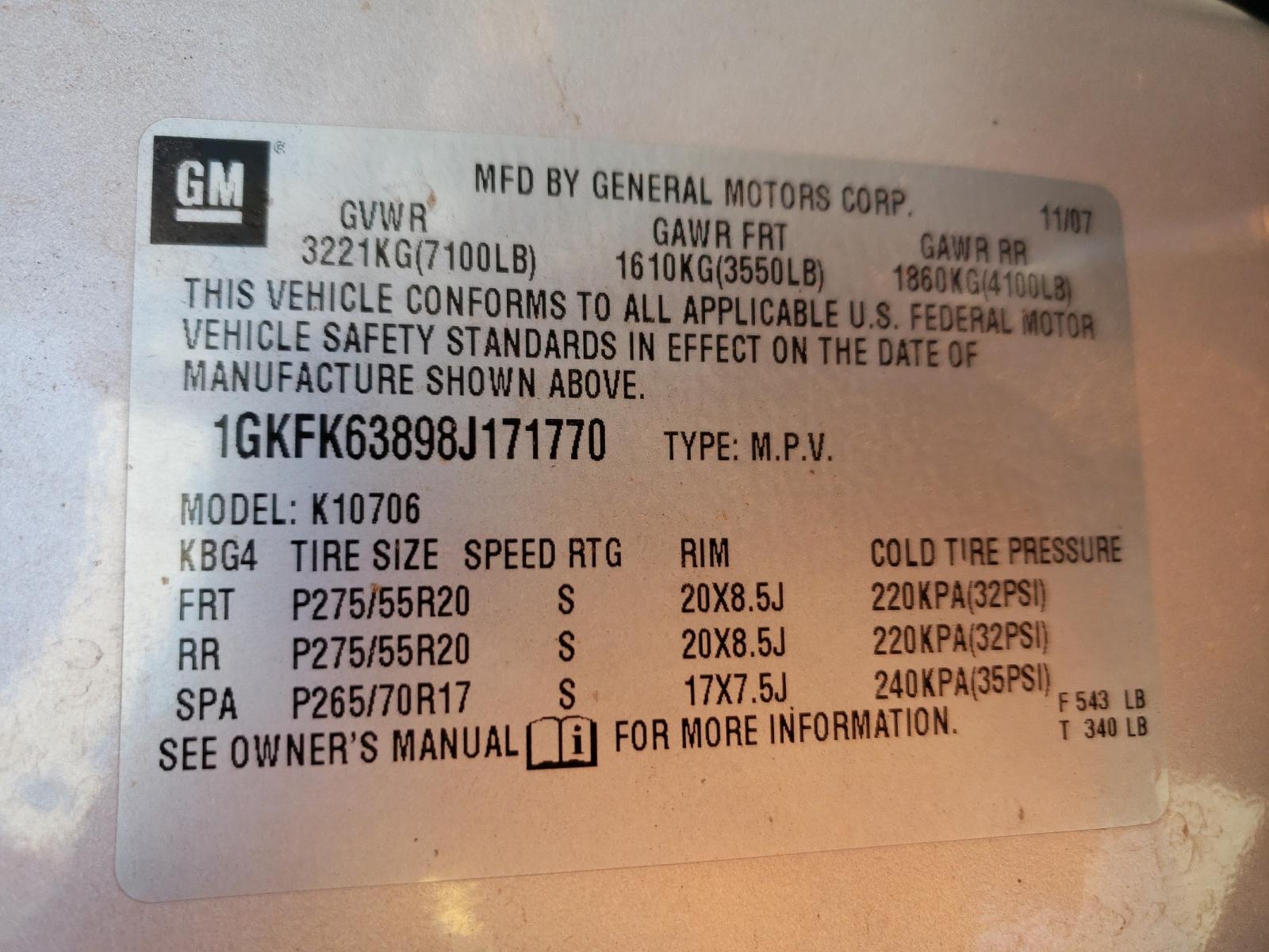 Photo 10 from auction – 2008 GMC YUKON DENA with VIN 1GKFK63898J171770