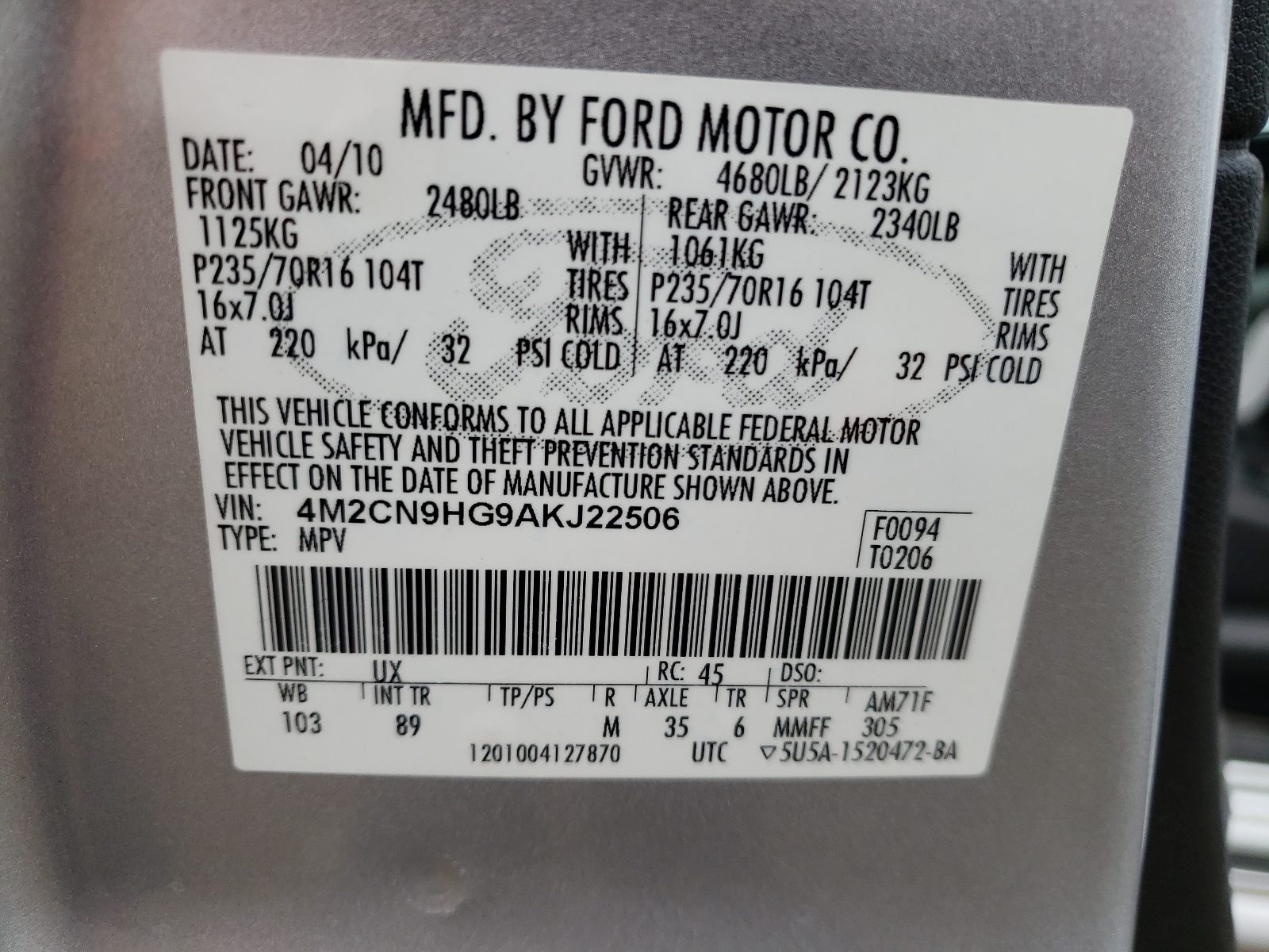 Photo 10 from auction – 2010 MERCURY MARINER with VIN 4M2CN9HG9AKJ22506