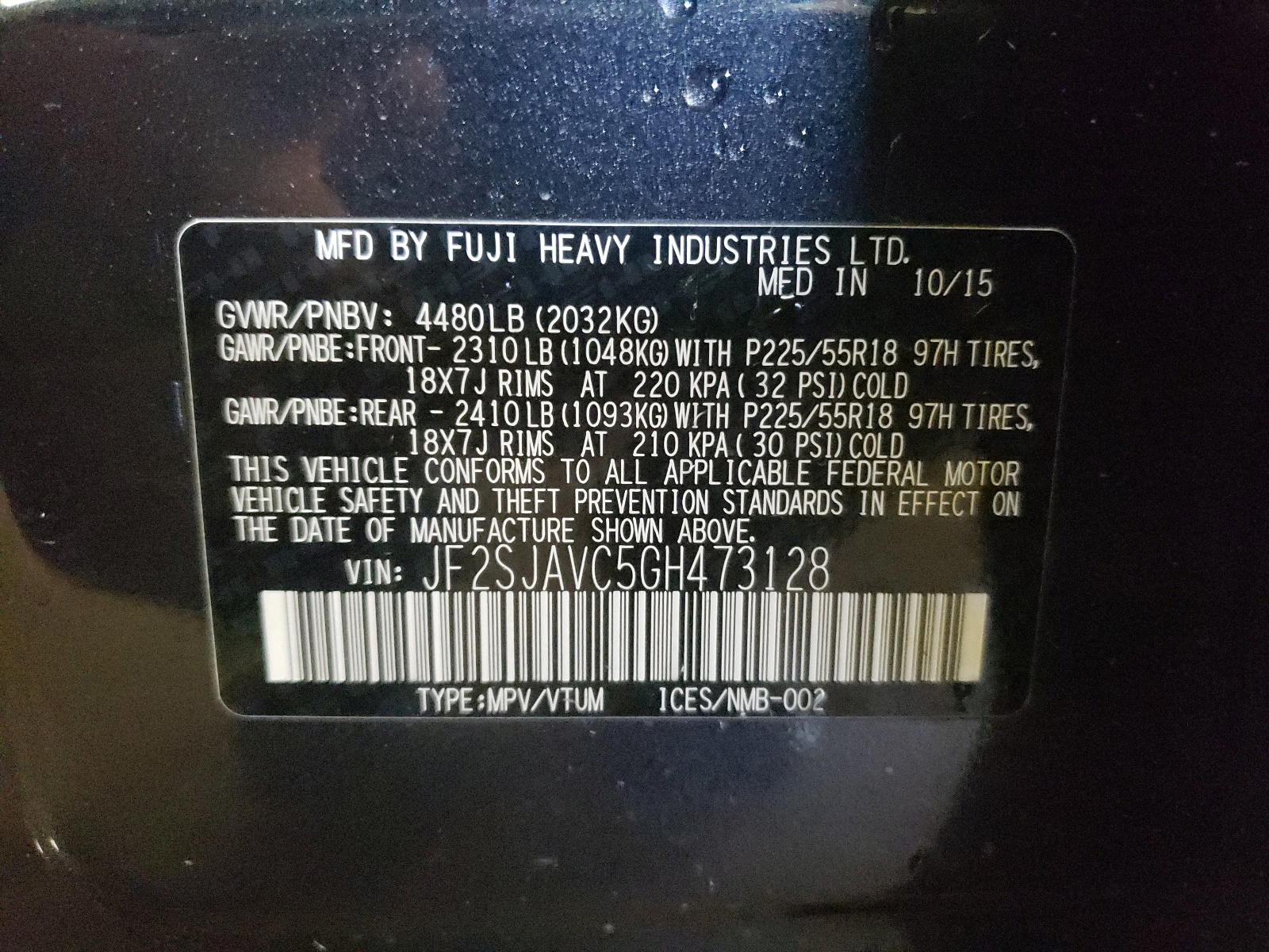 Photo 10 from auction – 2016 SUBARU FORESTER 2 with VIN JF2SJAVC5GH473128