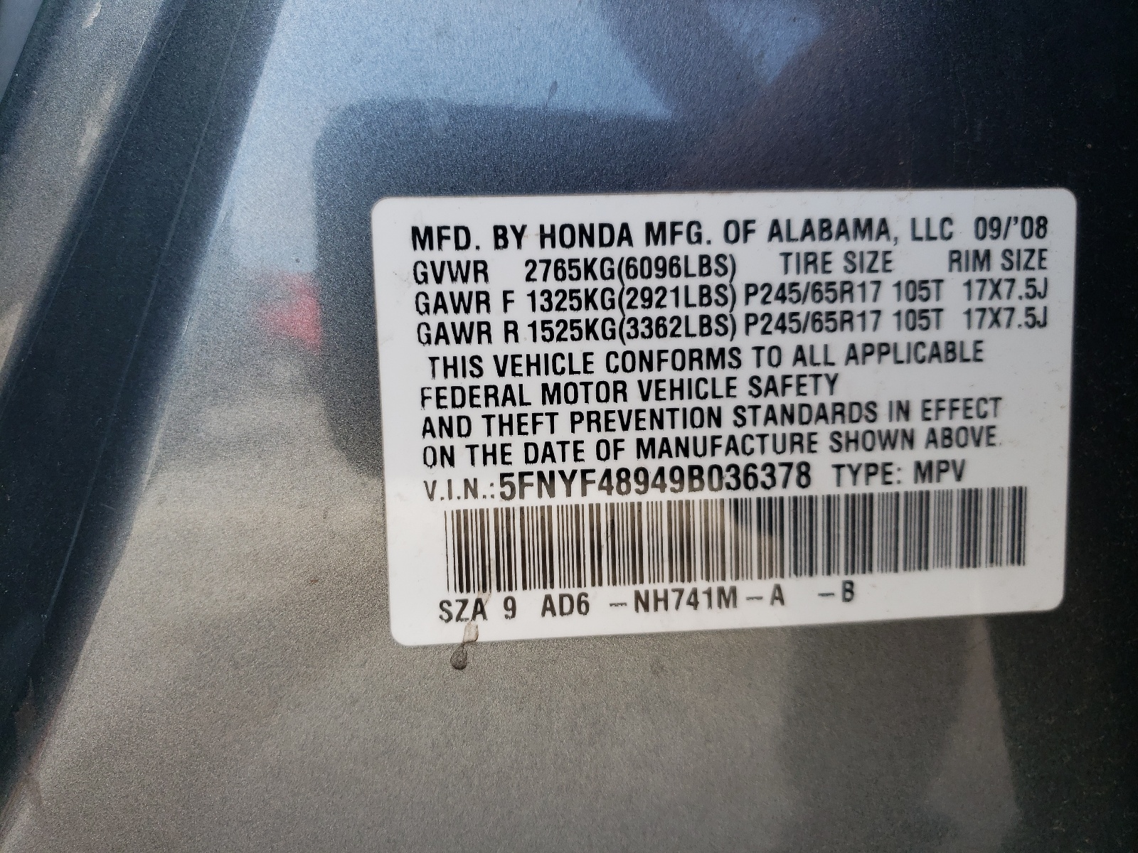 Photo 10 from auction – 2009 HONDA PILOT TOUR with VIN 5FNYF48949B036378