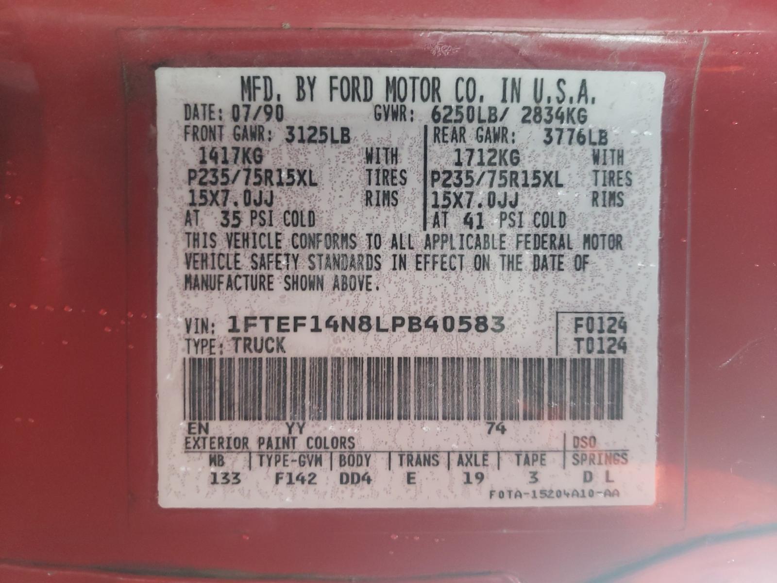Photo 10 from auction – 1990 FORD F150 with VIN 1FTEF14N8LPB40183