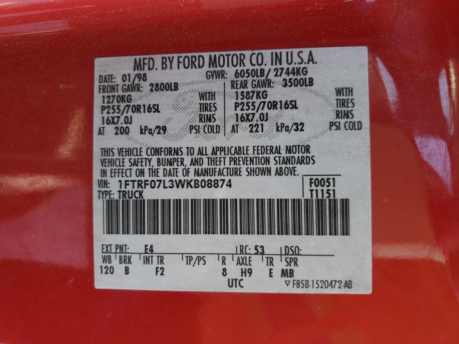 Photo 10 from auction – 1998 FORD F-150 with VIN 1FTRF07L3WKB08874