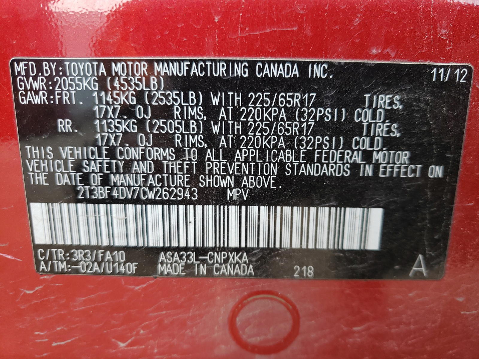 Photo 10 from auction – 2012 TOYOTA RAV4 with VIN 2T3BF4DV7CW262943