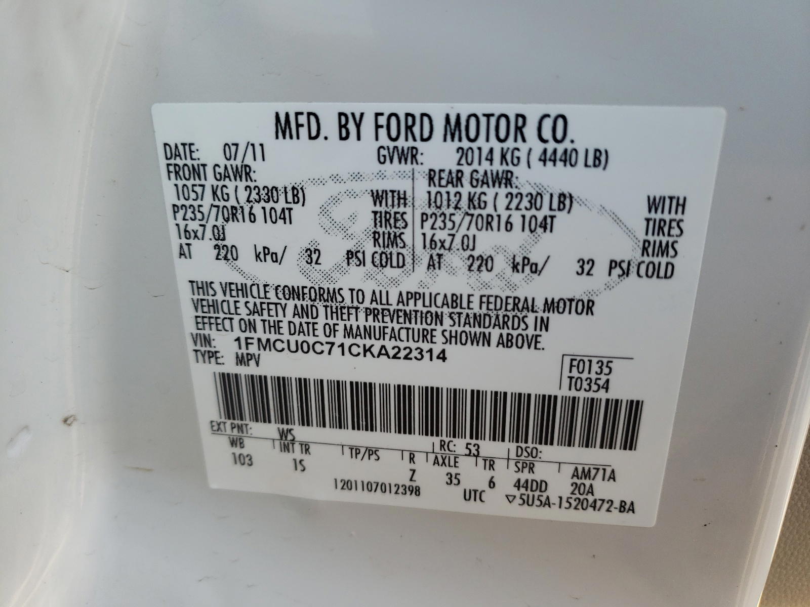 Photo 10 from auction – 2012 FORD ESCAPE XLS with VIN 1FMCU0C71CKA22314