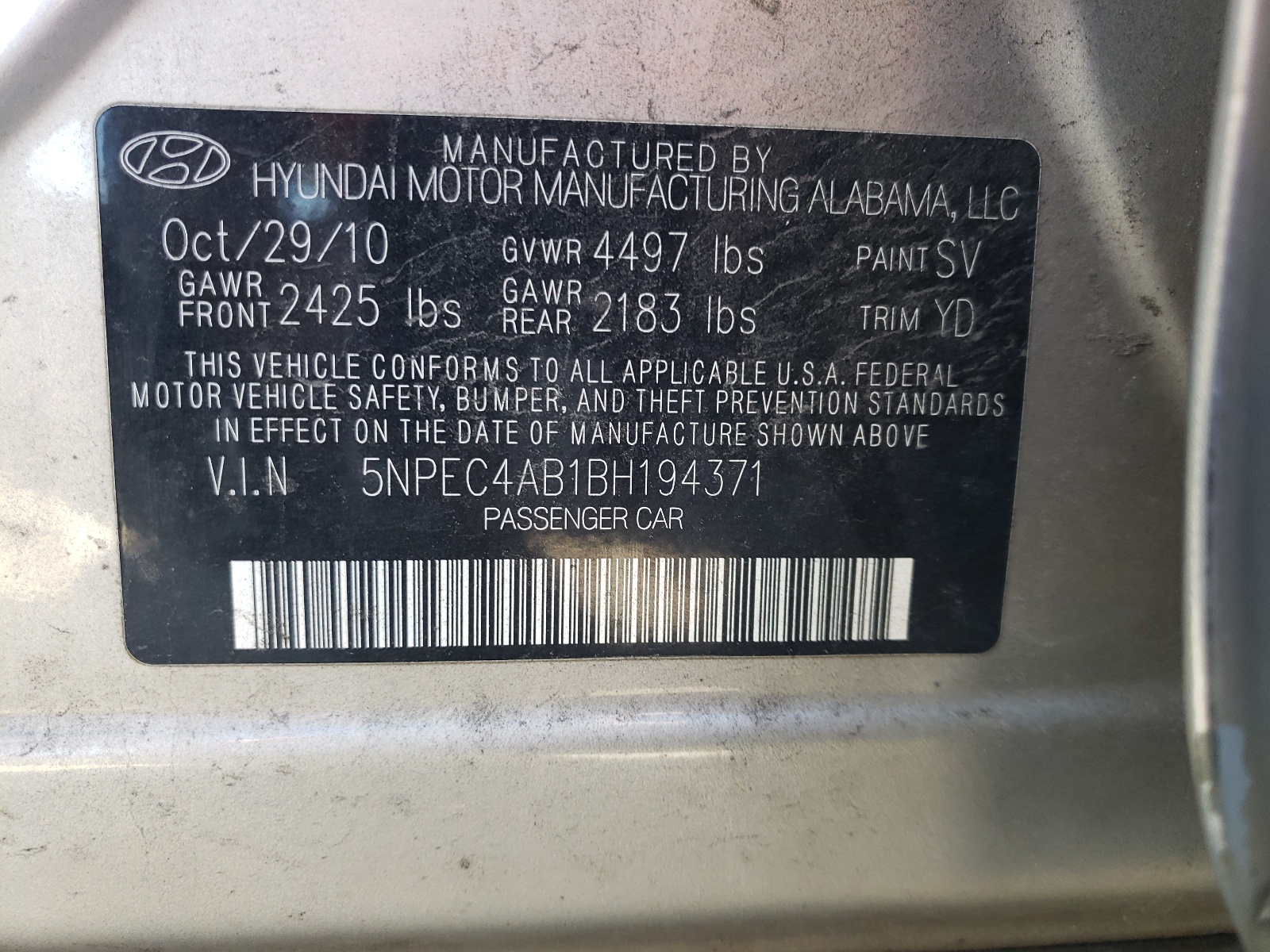Photo 10 from auction – 2011 HYUNDAI SONATA SE with VIN 5NPEC4AB1BH194371