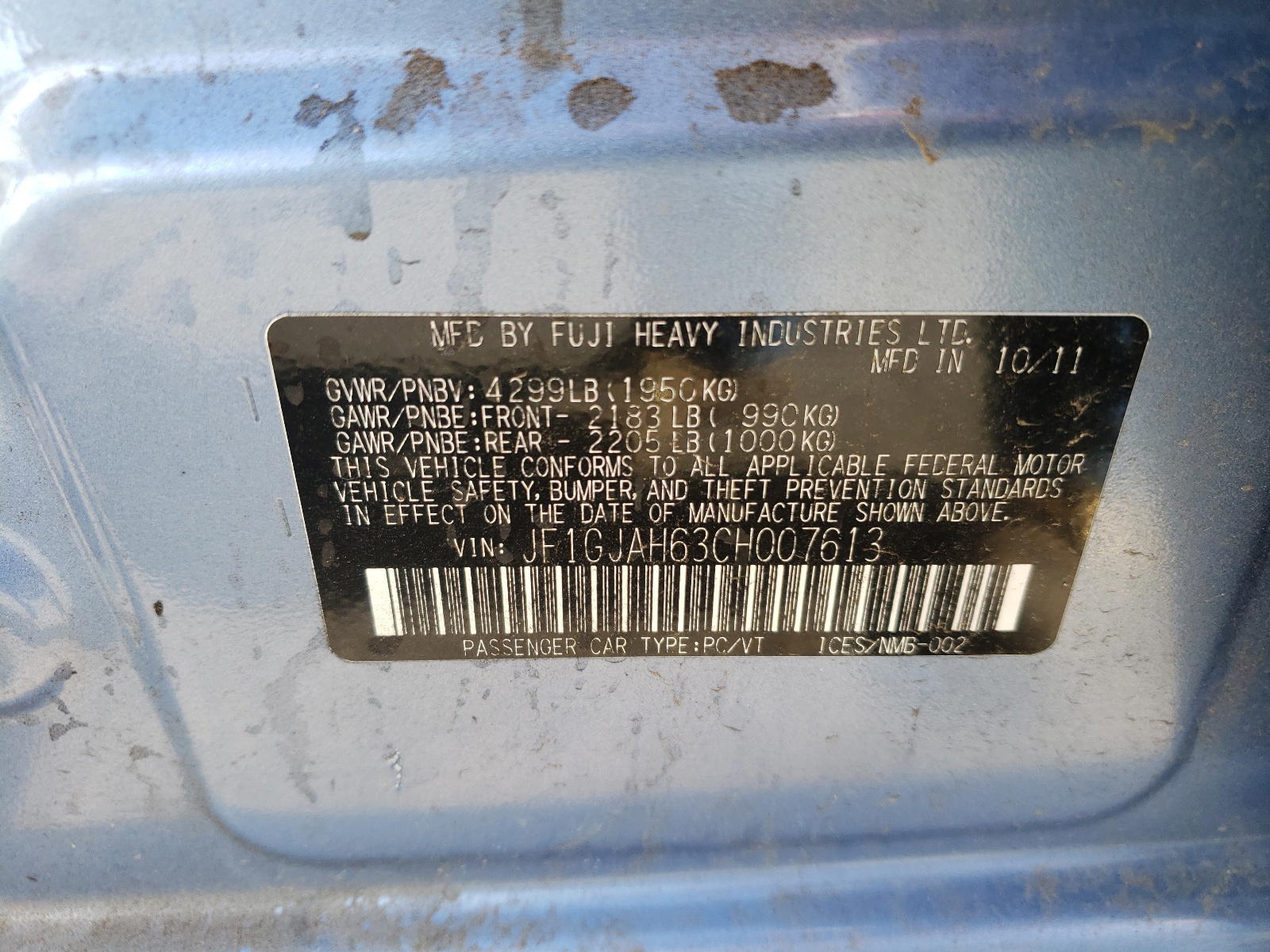 Photo 10 from auction – 2012 SUBARU IMPREZA LI with VIN JF1GJAH63CH007613