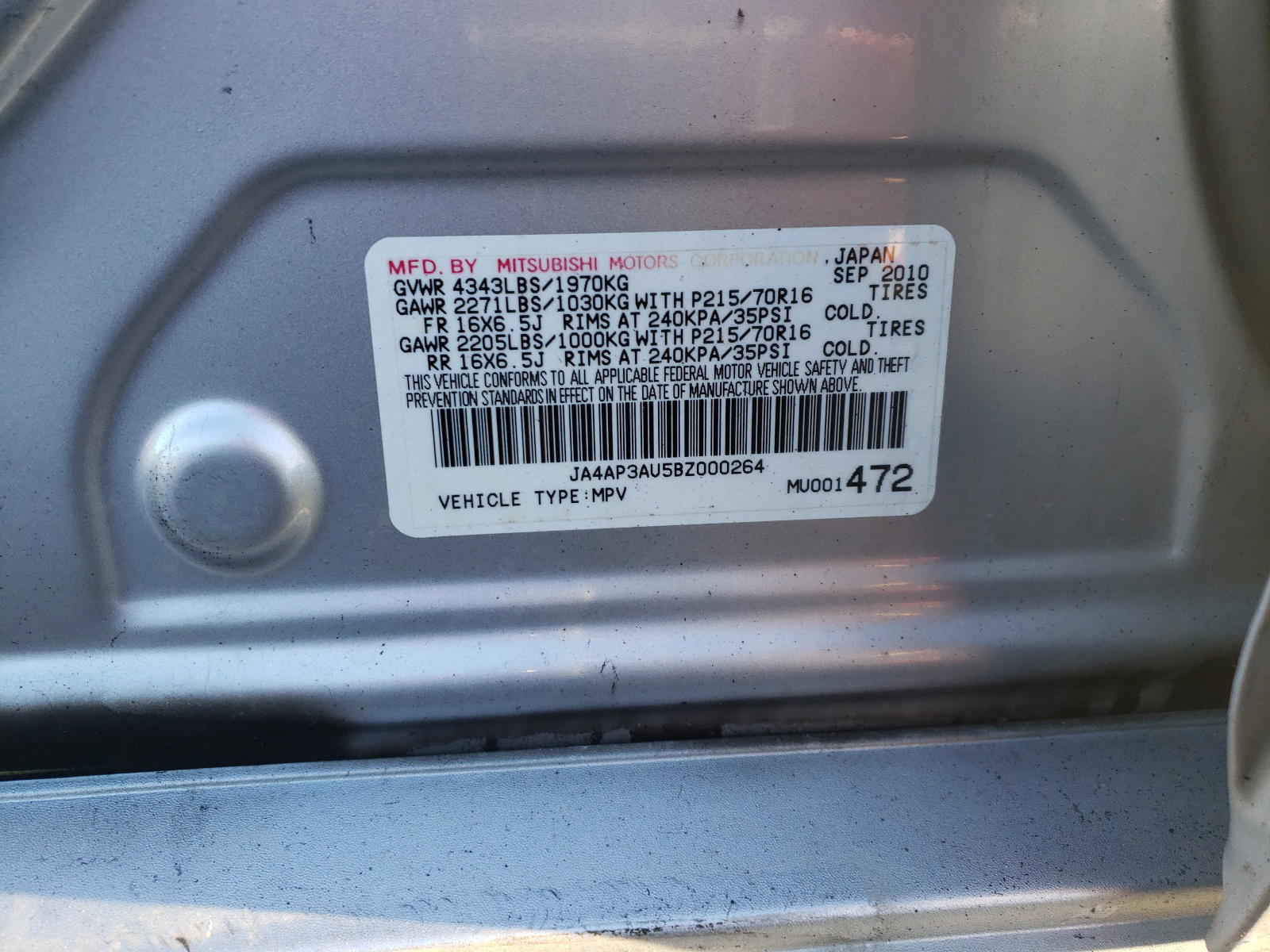 Photo 10 from auction – 2011 MITSUBISHI OUTLANDER with VIN JA4AP3AU5BZ000264