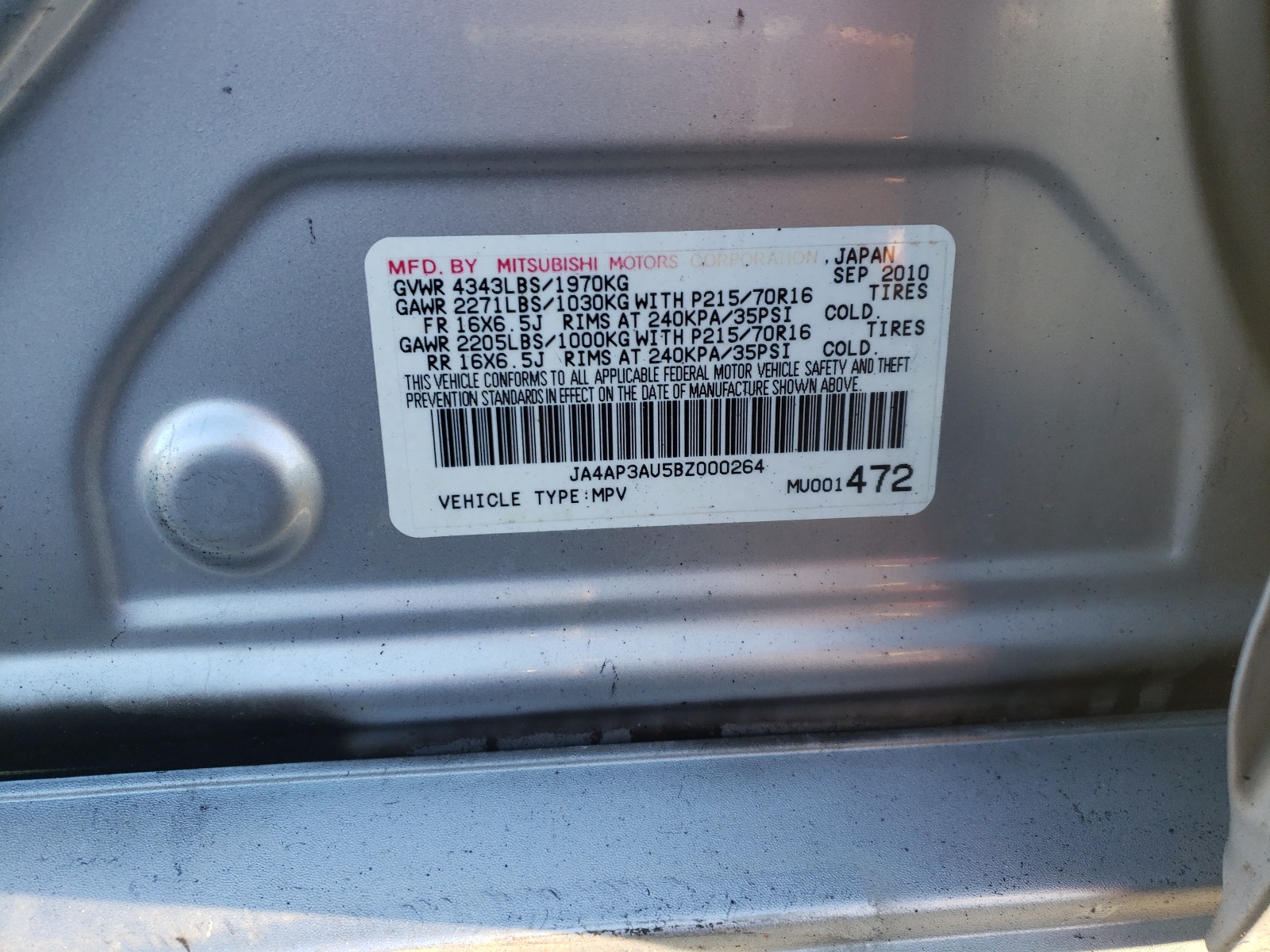 صورة رقم 10 من المزاد - 2011 MITSUBISHI OUTLANDER مع VIN JA4AP3AU5BZ000264