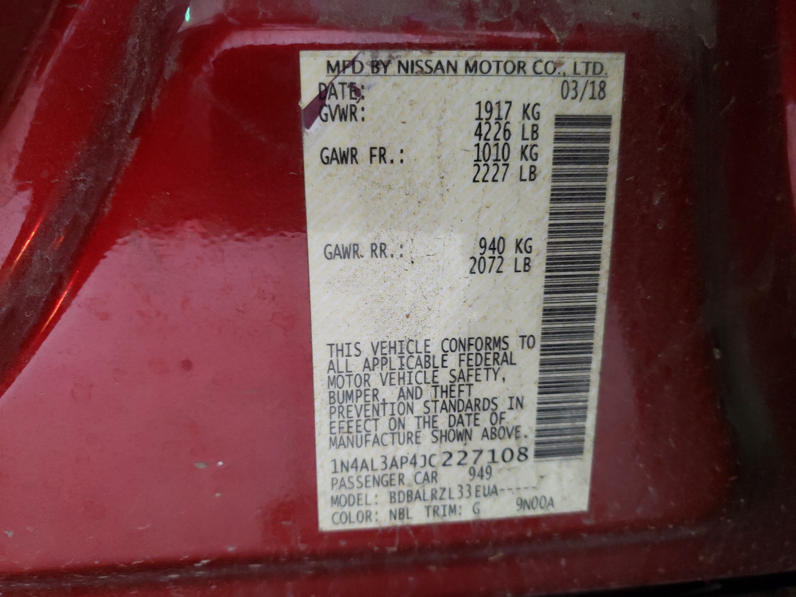 Photo 10 from auction – 2018 NISSAN ALTIMA with VIN 1N4AL3AP4JC227108