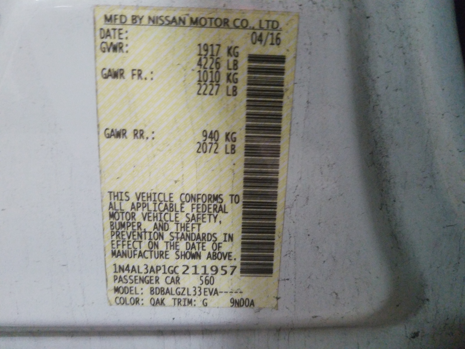 Photo 10 from auction – 2016 NISSAN ALTIMA 2.5 with VIN 1N4AL3AP1GC211957