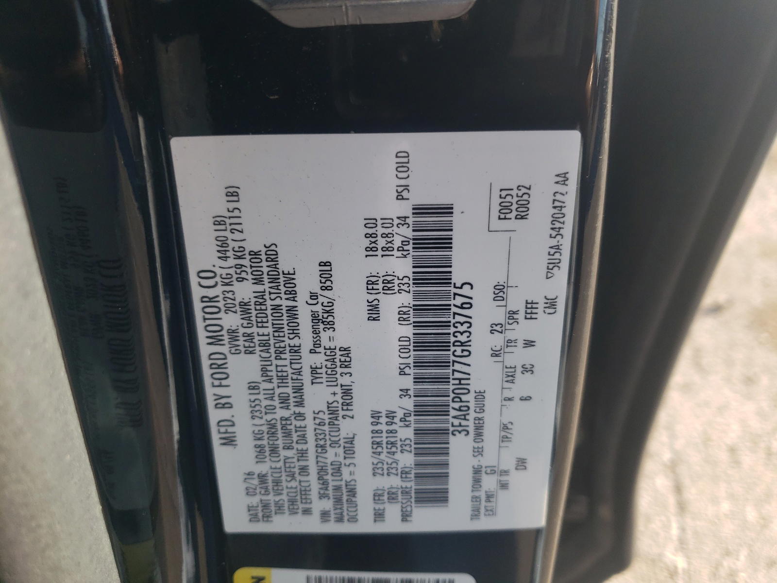 Photo 10 from auction – 2016 FORD FUSION SE with VIN 3FA6P0H77GR337675