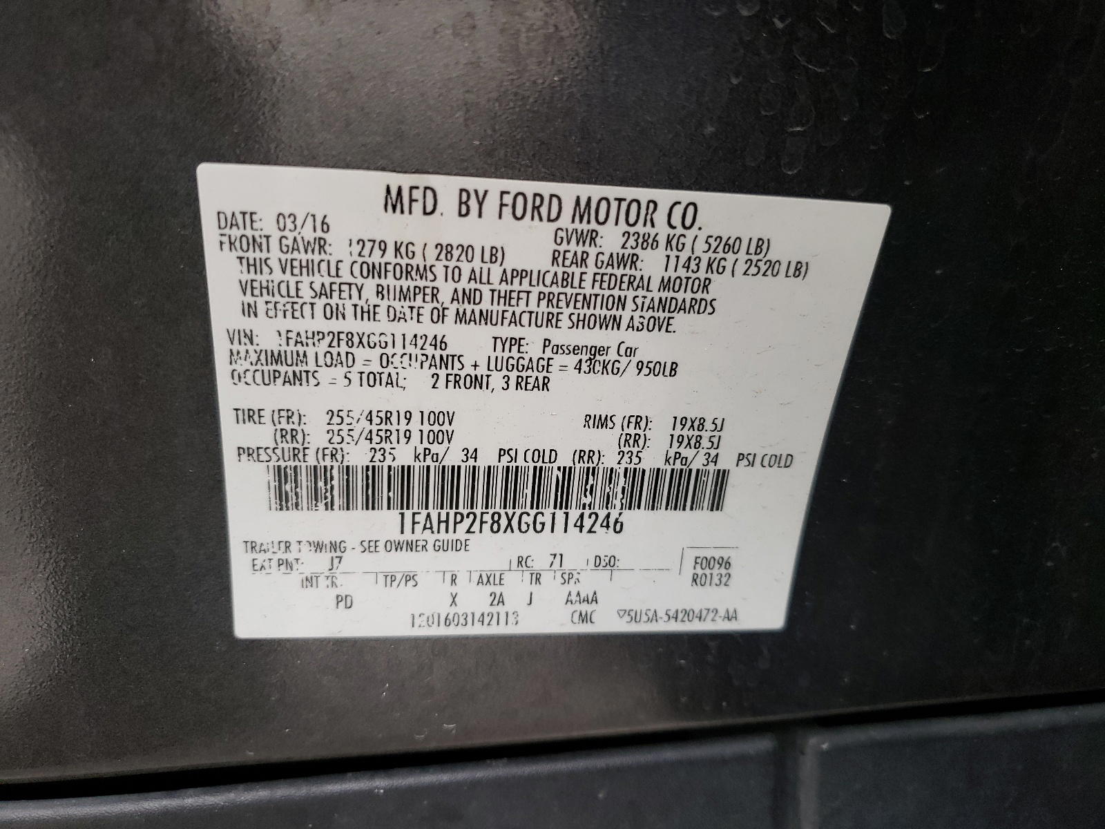 Photo 10 from auction – 2016 FORD TAURUS LIM with VIN 1FAHP2F8XGG114246