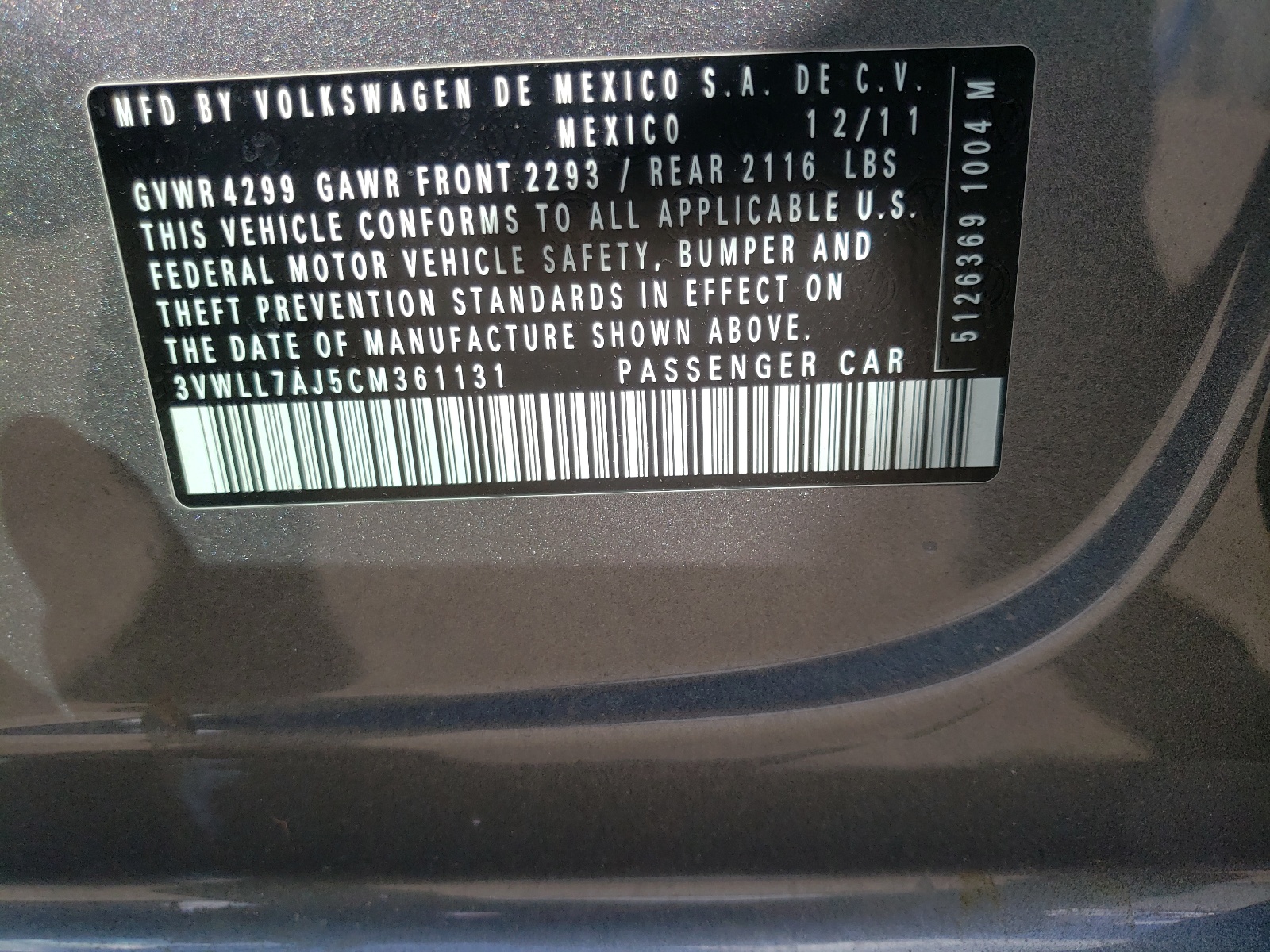 Photo 10 from auction – 2012 VOLKSWAGEN JETTA TDI with VIN 3VWLL7AJ5CM361131
