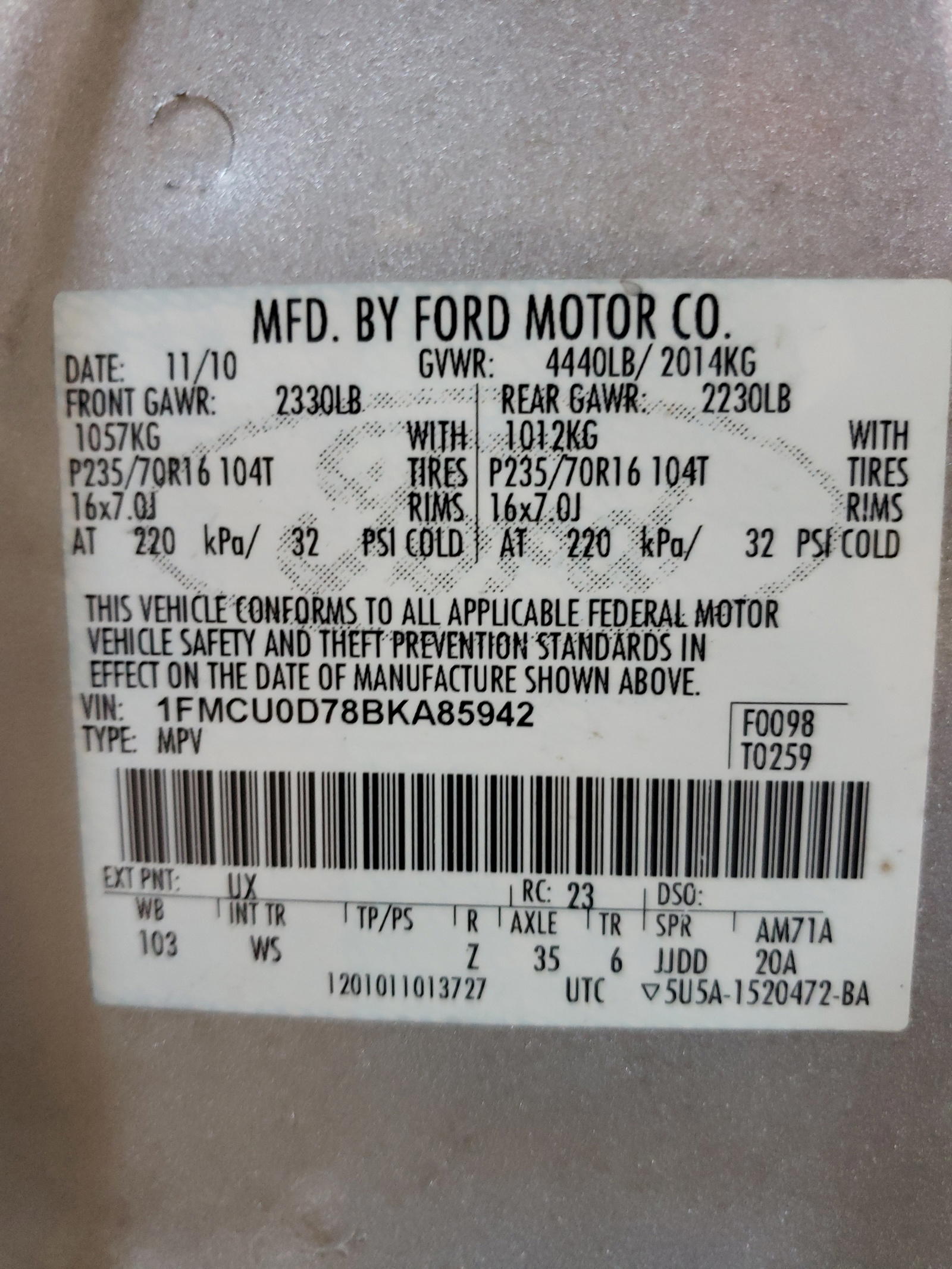 Photo 11 from auction – 2011 FORD ESCAPE XLT with VIN 1FMCU0D78BKA85942