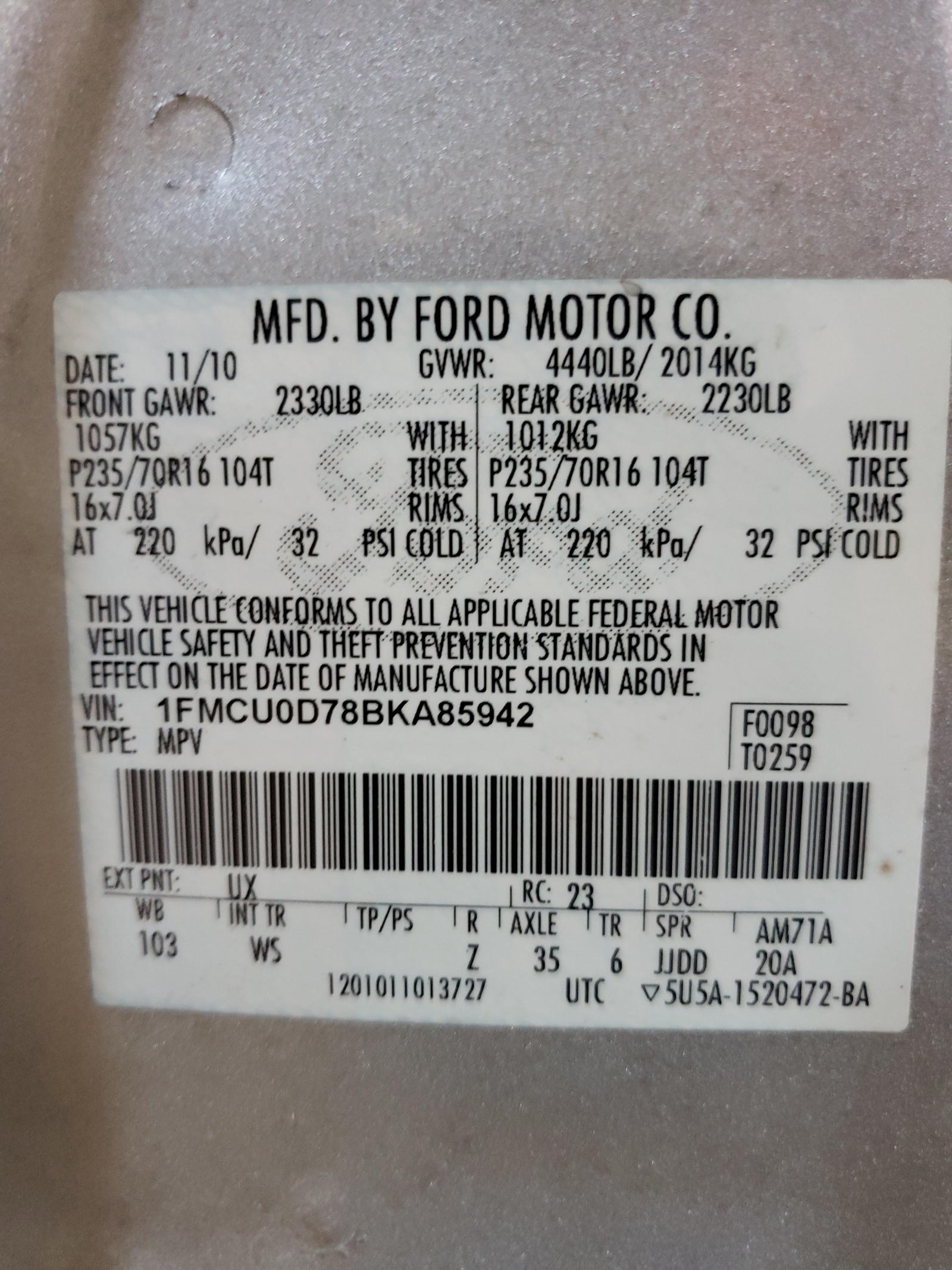 Zdjęcie 11 z aukcji – 2011 FORD ESCAPE XLT z VIN 1FMCU0D78BKA85942