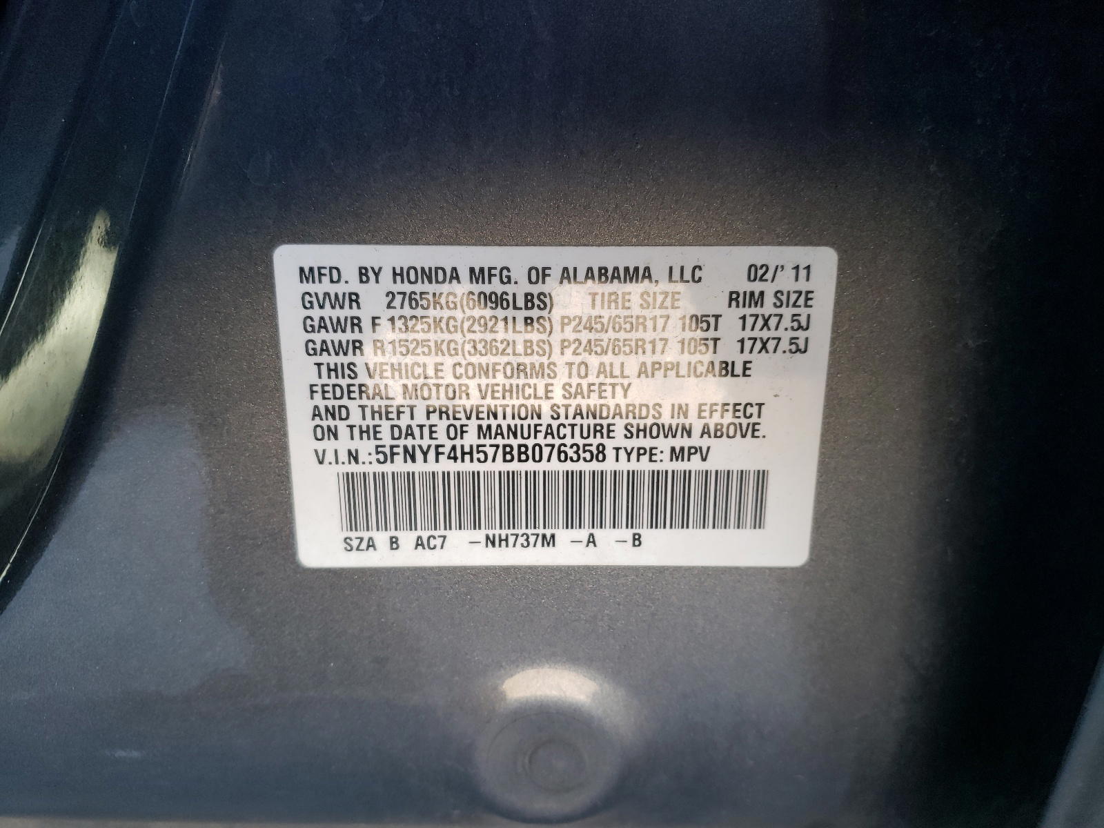 Photo 10 from auction – 2011 HONDA PILOT EXL with VIN 5FNYF4H57BB076358