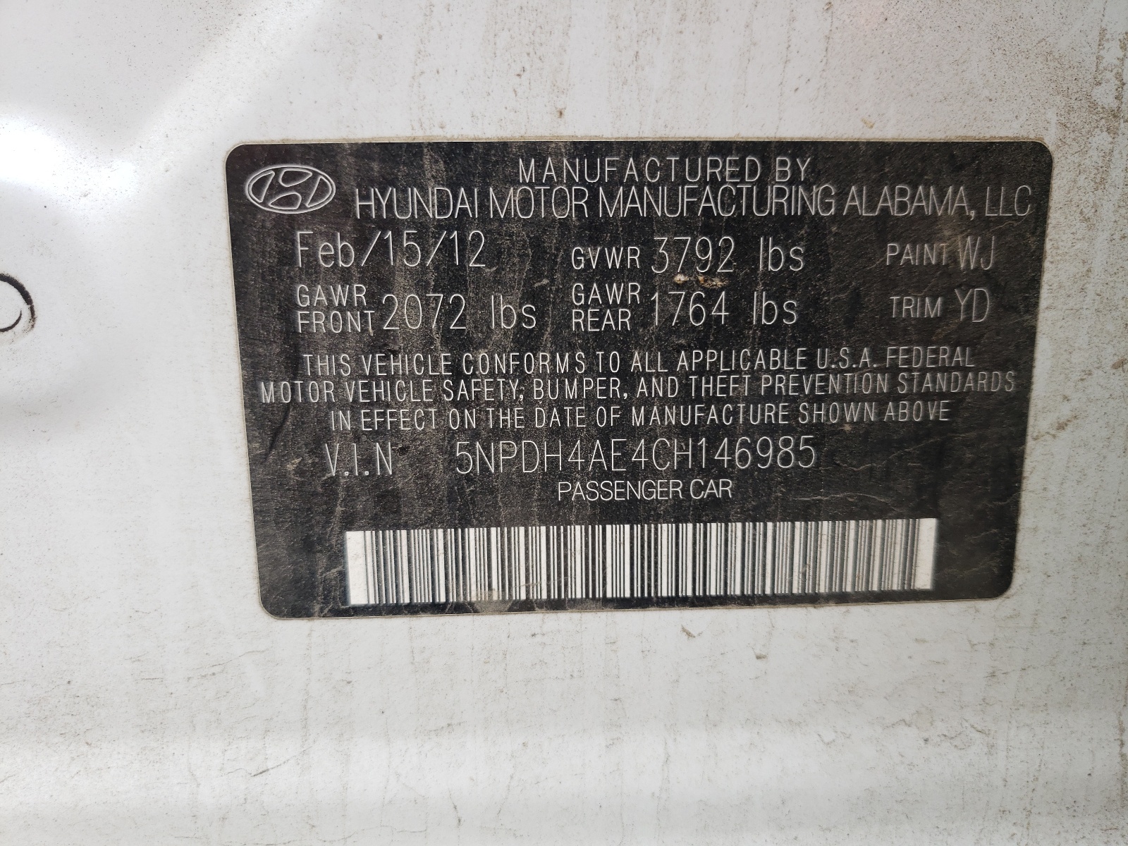 Photo 10 from auction – 2012 HYUNDAI ELANTRA GL with VIN 5NPDH4AE4CH146985