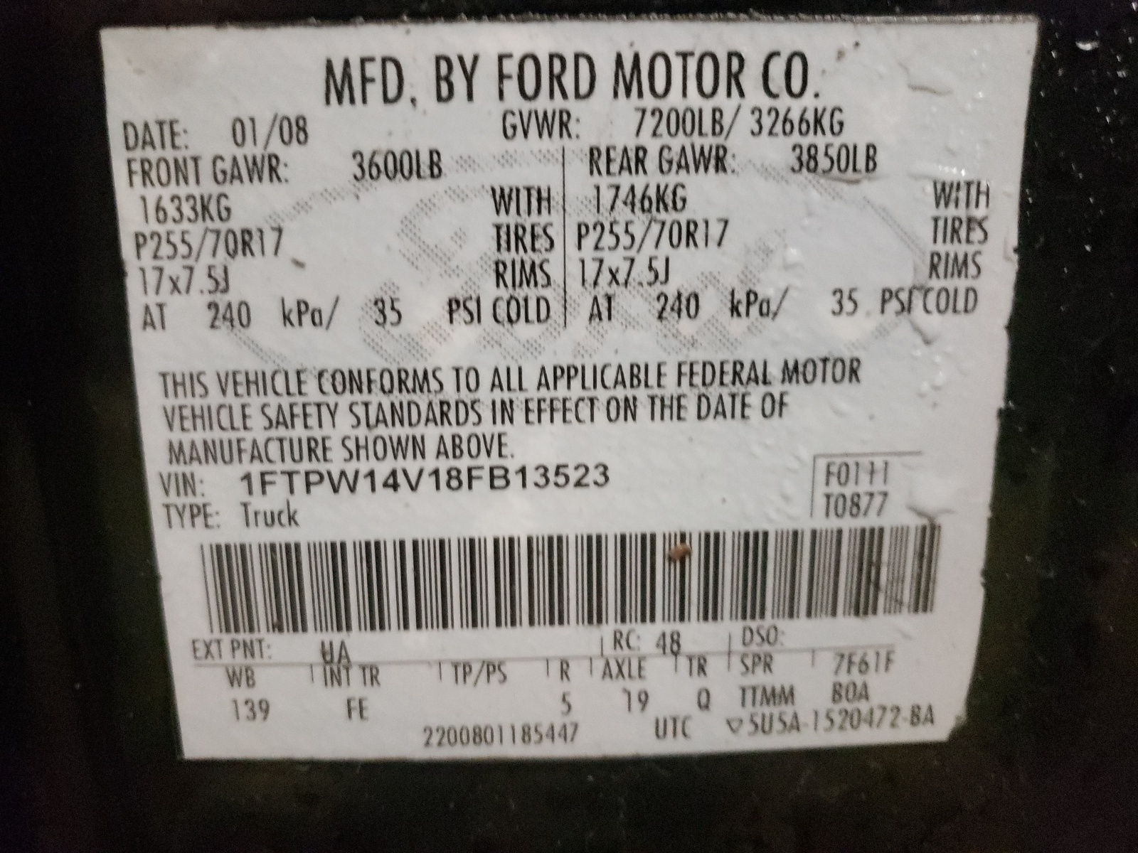 Photo 10 from auction – 2008 FORD F150 SUPER with VIN 1FTPW14V18FB13523