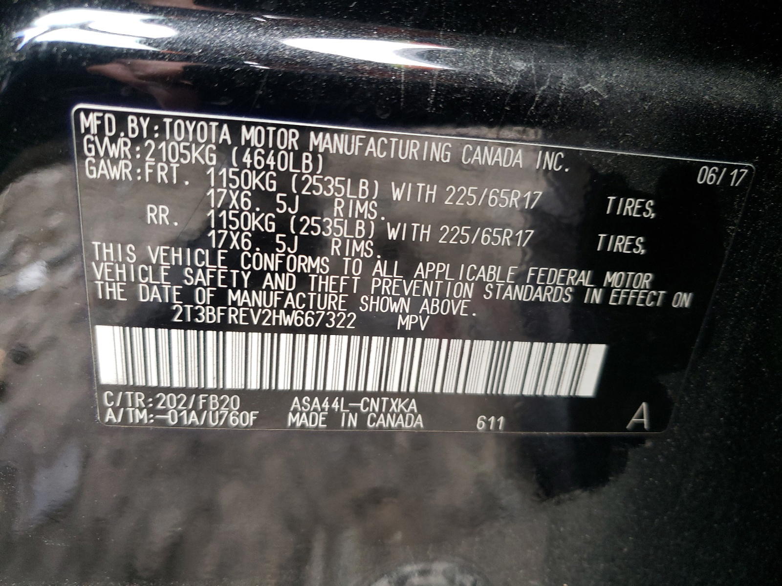Photo 10 from auction – 2017 TOYOTA RAV4 LE with VIN 2T3BFREV2HW667322