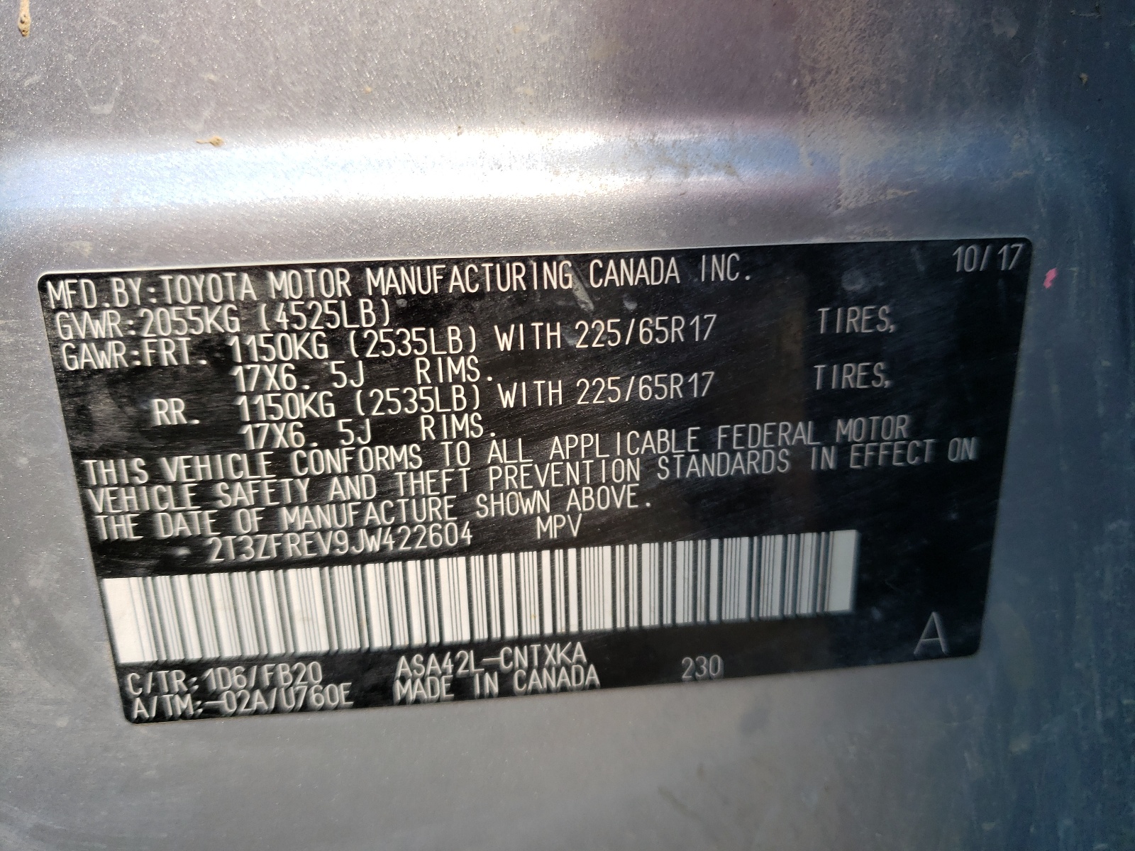 Photo 10 from auction – 2018 TOYOTA RAV4 LE with VIN 2T3ZFREV9JW422604