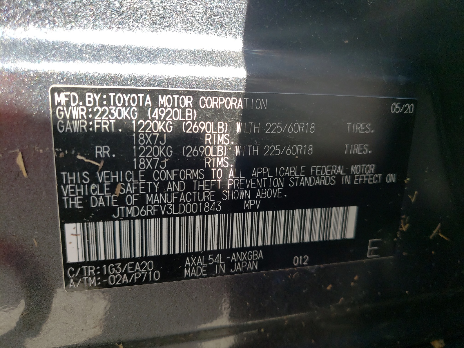 Photo 10 from auction – 2020 TOYOTA RAV4 LIMIT with VIN JTMD6RFV3LD001843
