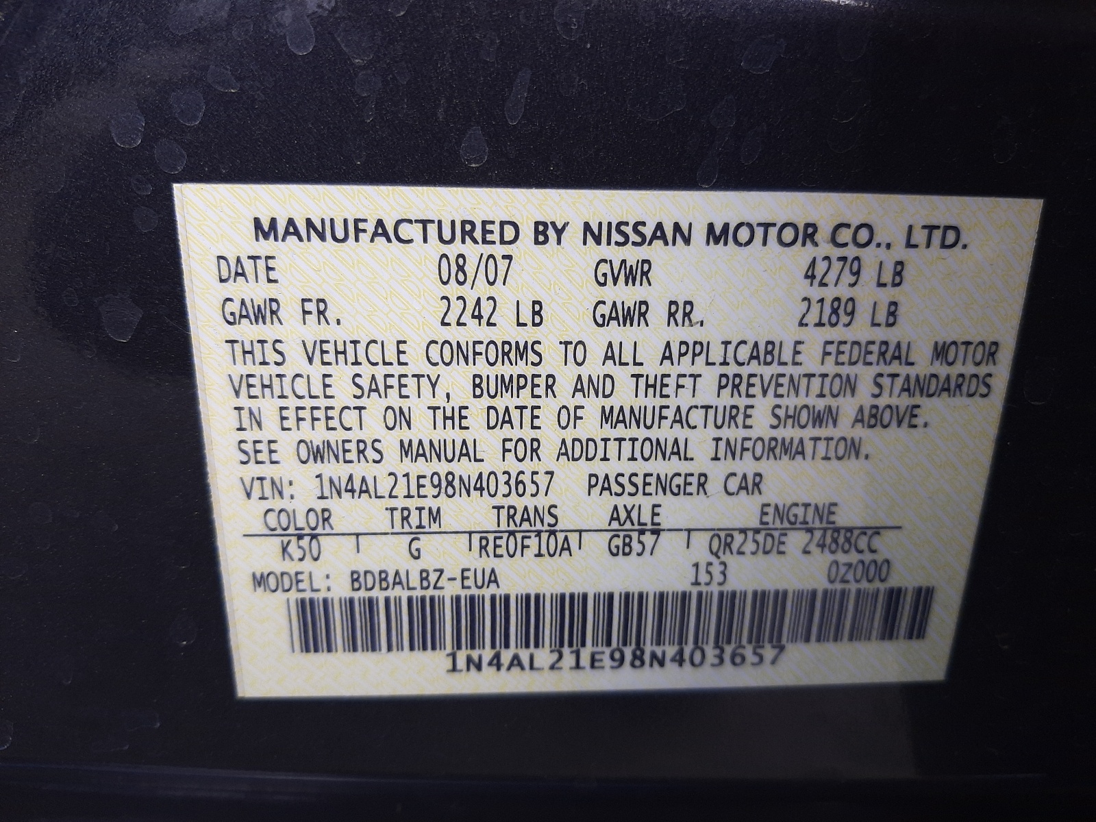 Photo 10 from auction – 2008 NISSAN ALTIMA 2.5 with VIN 1N4AL21E98N403657