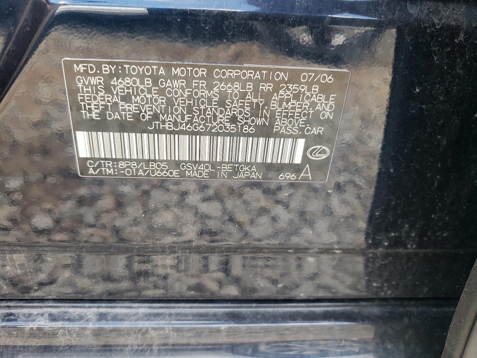 Photo 10 from auction – 2007 LEXUS ES 350 with VIN JTHBJ46G672035186