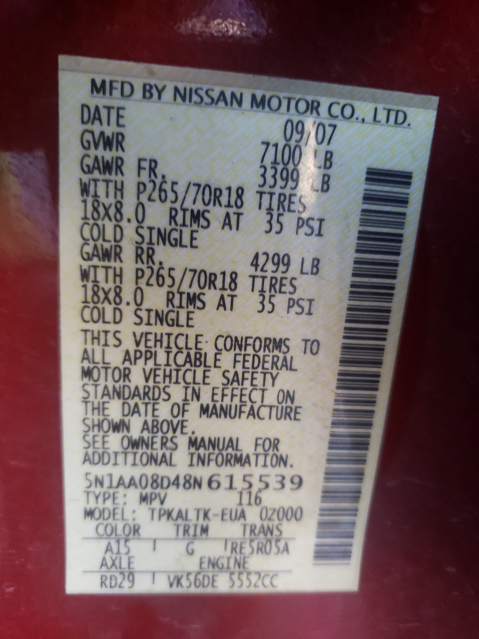 Photo 10 from auction – 2008 NISSAN ARMADA SE with VIN 5N1AA08D48N615539