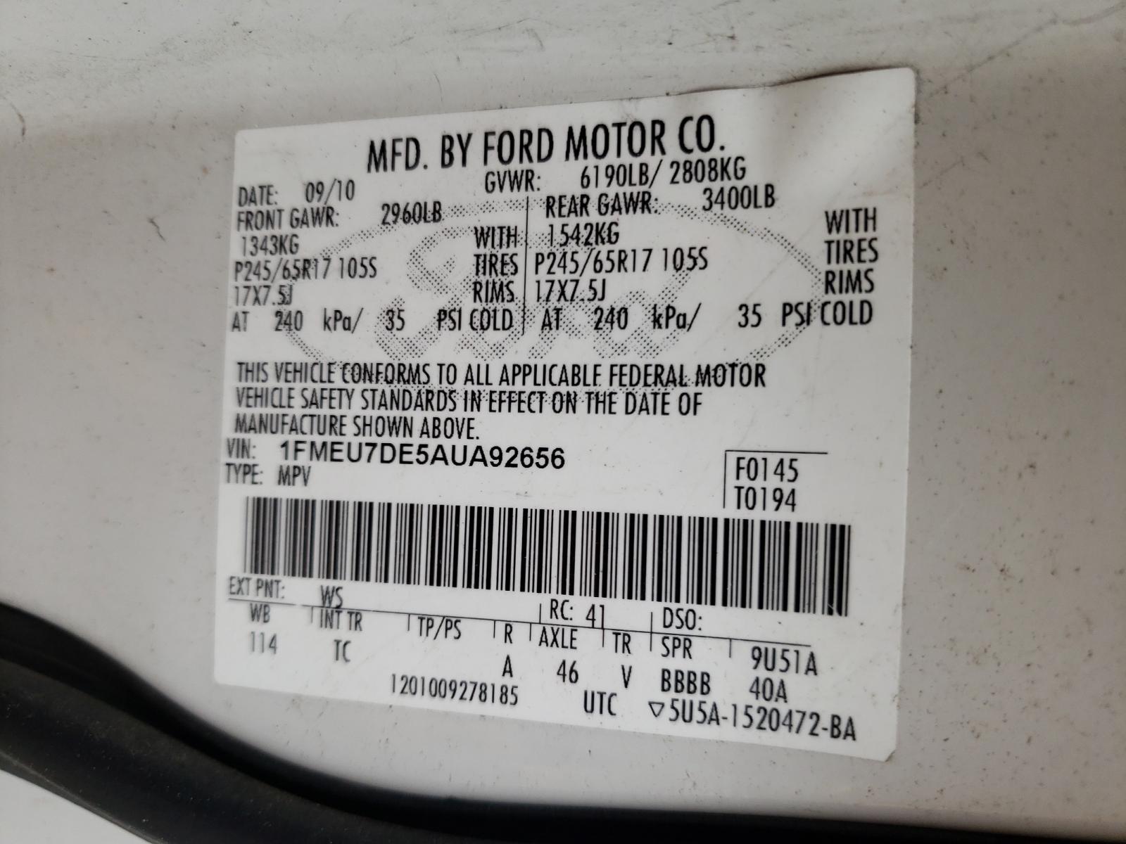 Photo 10 from auction – 2010 FORD EXPLORER X with VIN 1FMEU7DE5AUA92656
