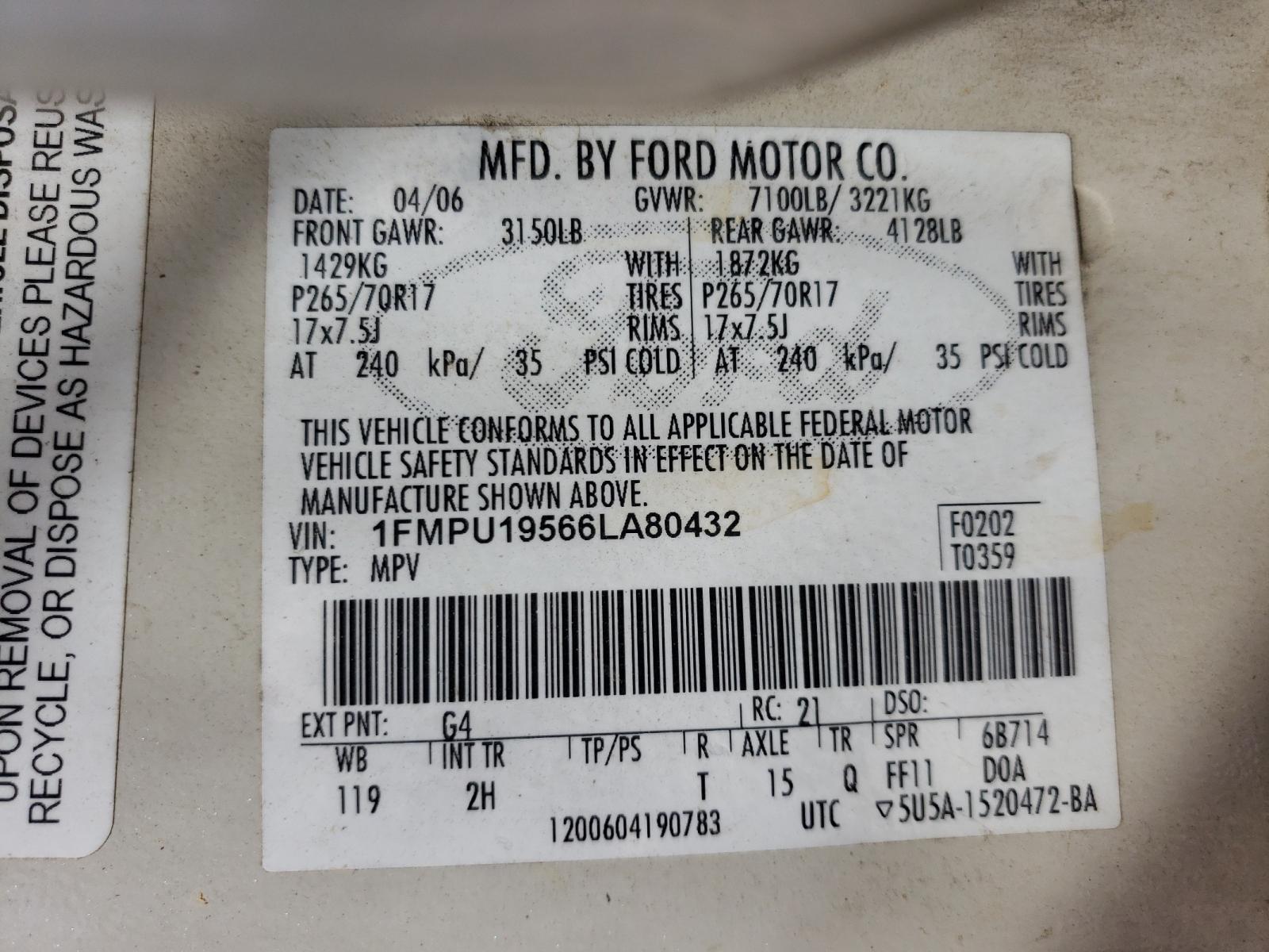 Photo 10 from auction – 2006 FORD EXPEDITION with VIN 1FMPU19566LA80432