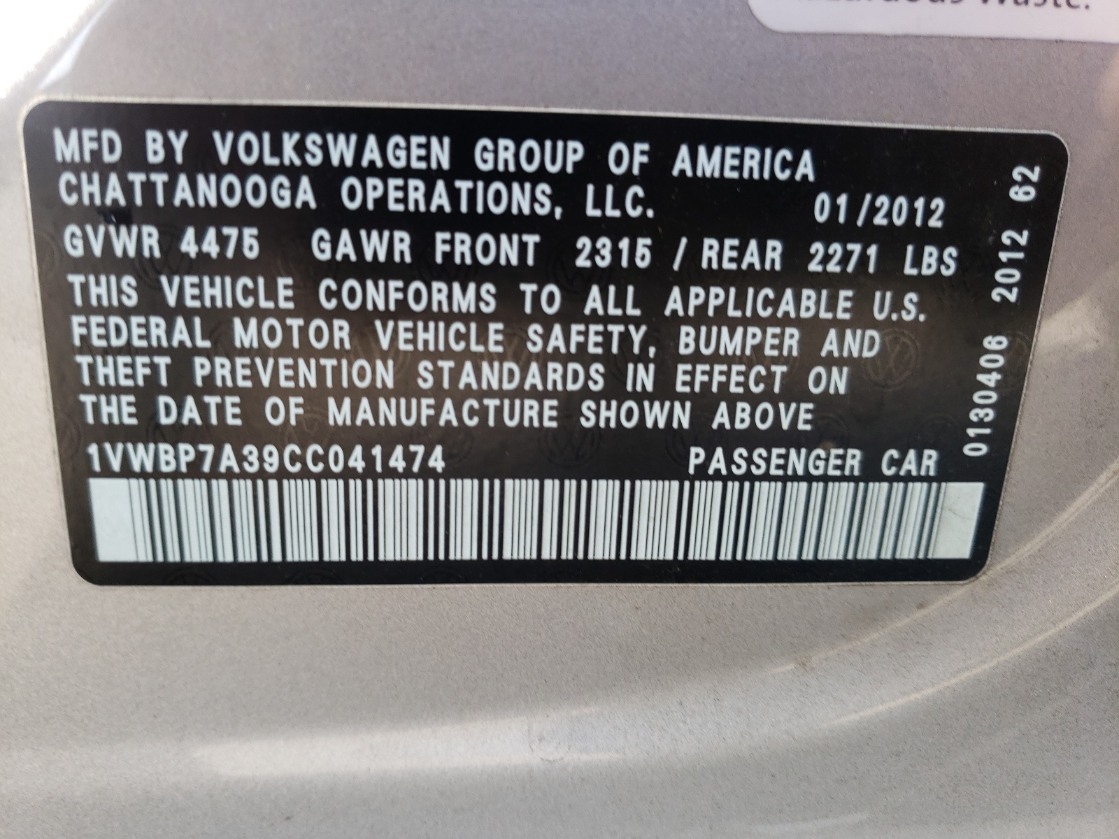 Photo 10 from auction – 2012 VOLKSWAGEN PASSAT SE with VIN 1VWBP7A39CC041474