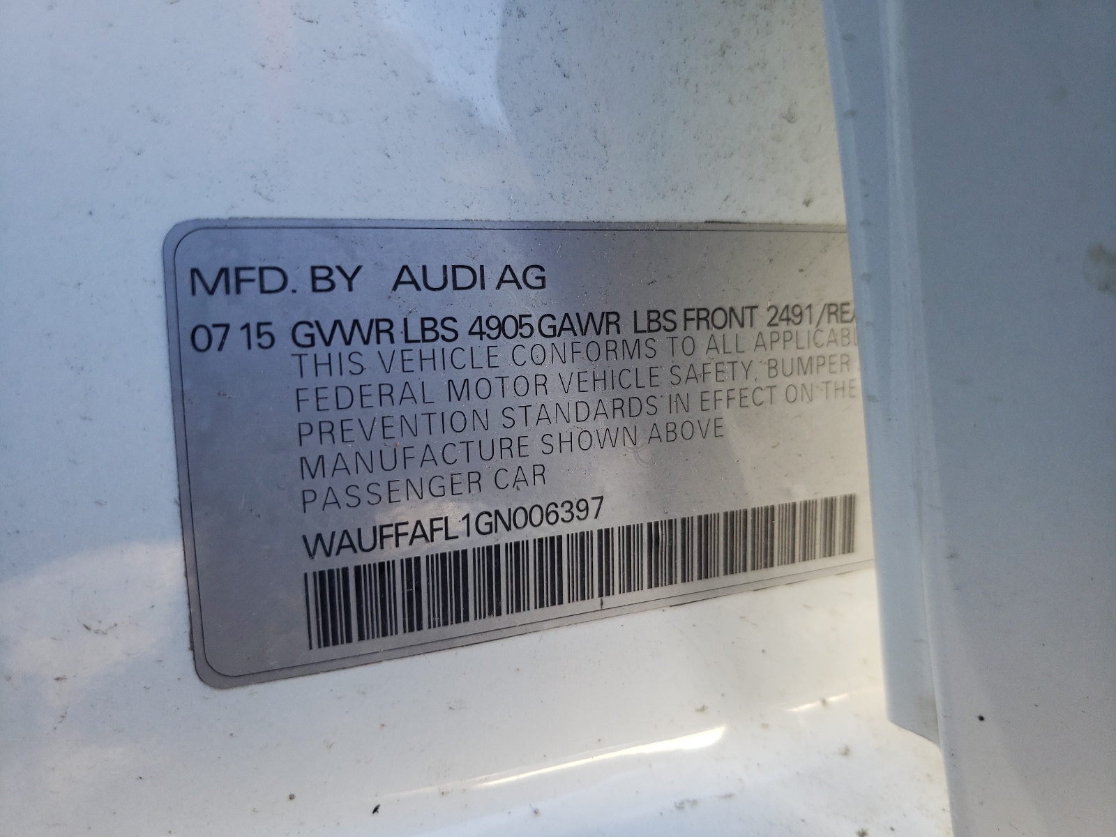 Photo 10 from auction – 2016 AUDI A4 PREMIUM with VIN WAUFFAFL1GN006397