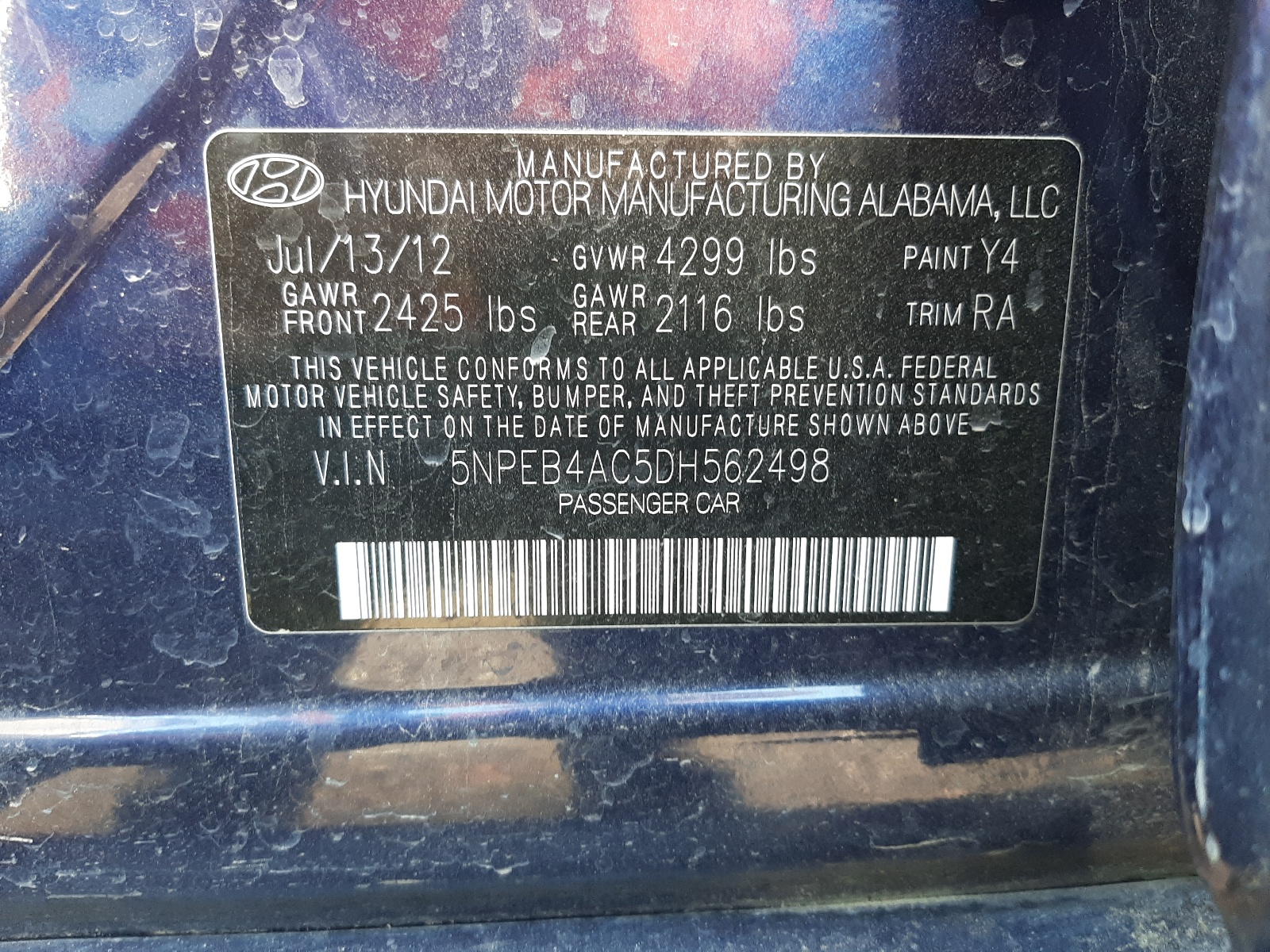 Photo 10 from auction – 2013 HYUNDAI SONATA GLS with VIN 5NPEB4AC5DH562498