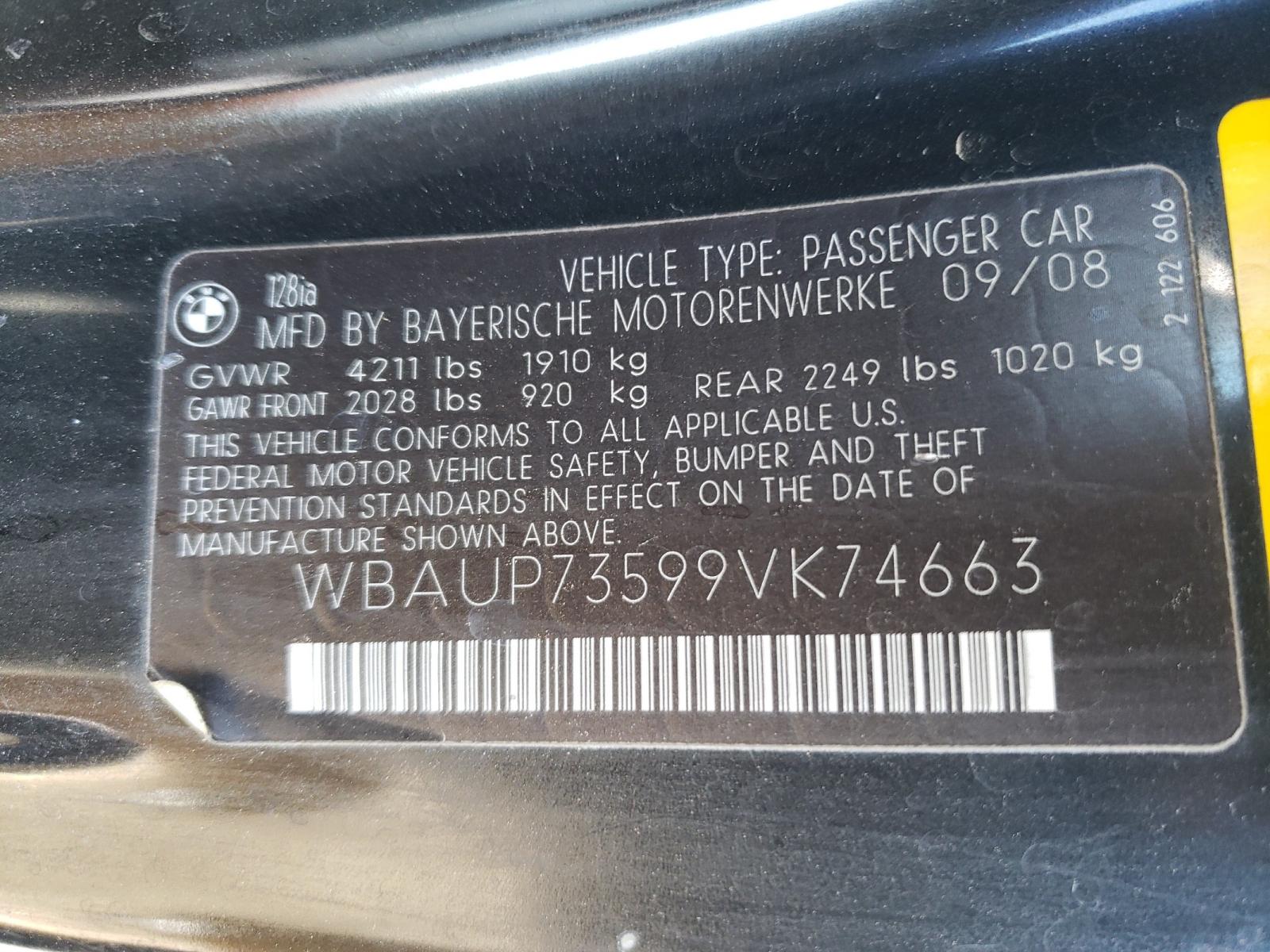 Photo 10 from auction – 2009 BMW 128 I with VIN WBAUP73599VK74663