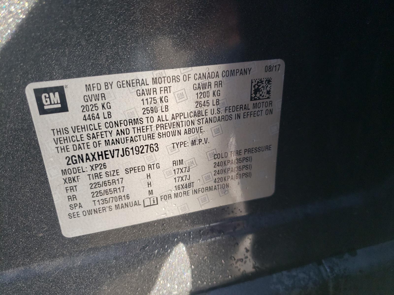 Photo 10 from auction – 2018 CHEVROLET EQUINOX LS with VIN 2GNAXHEV7J6192763