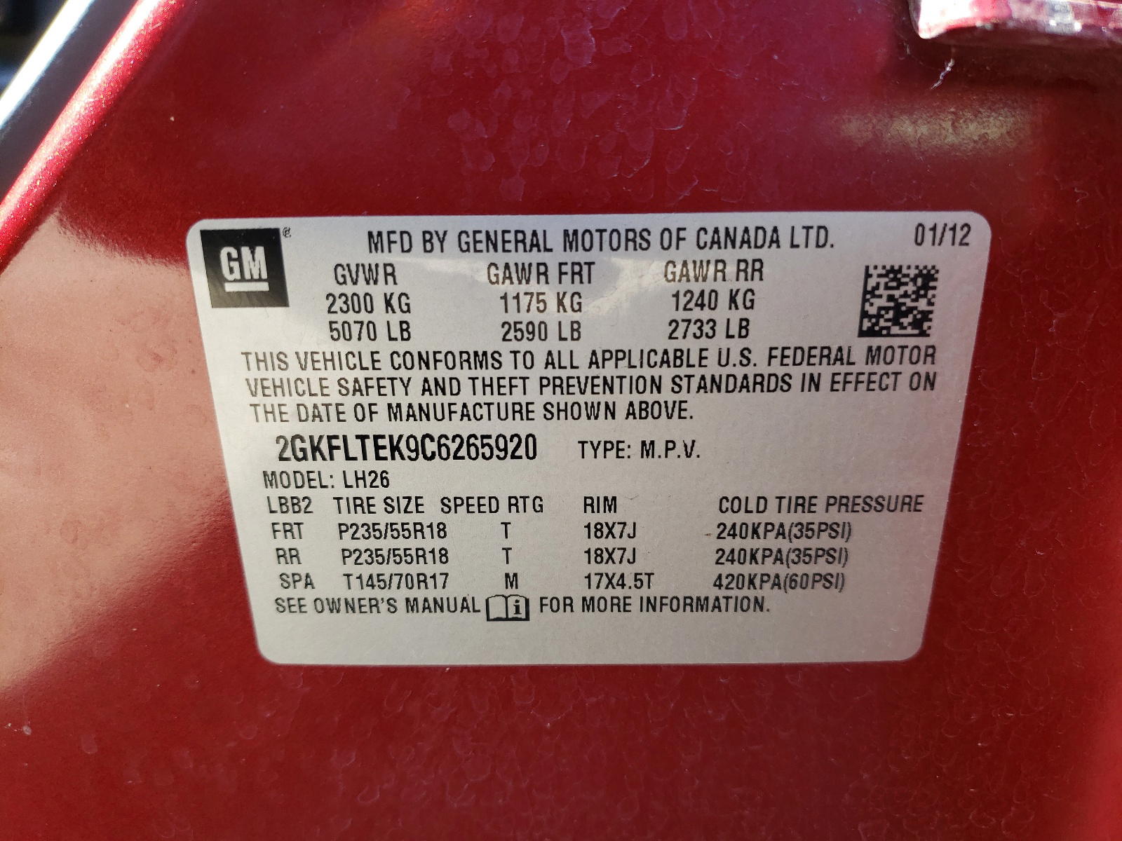 Photo 10 from auction – 2012 GMC TERRAIN SL with VIN 2GKFLTEK9C6265920