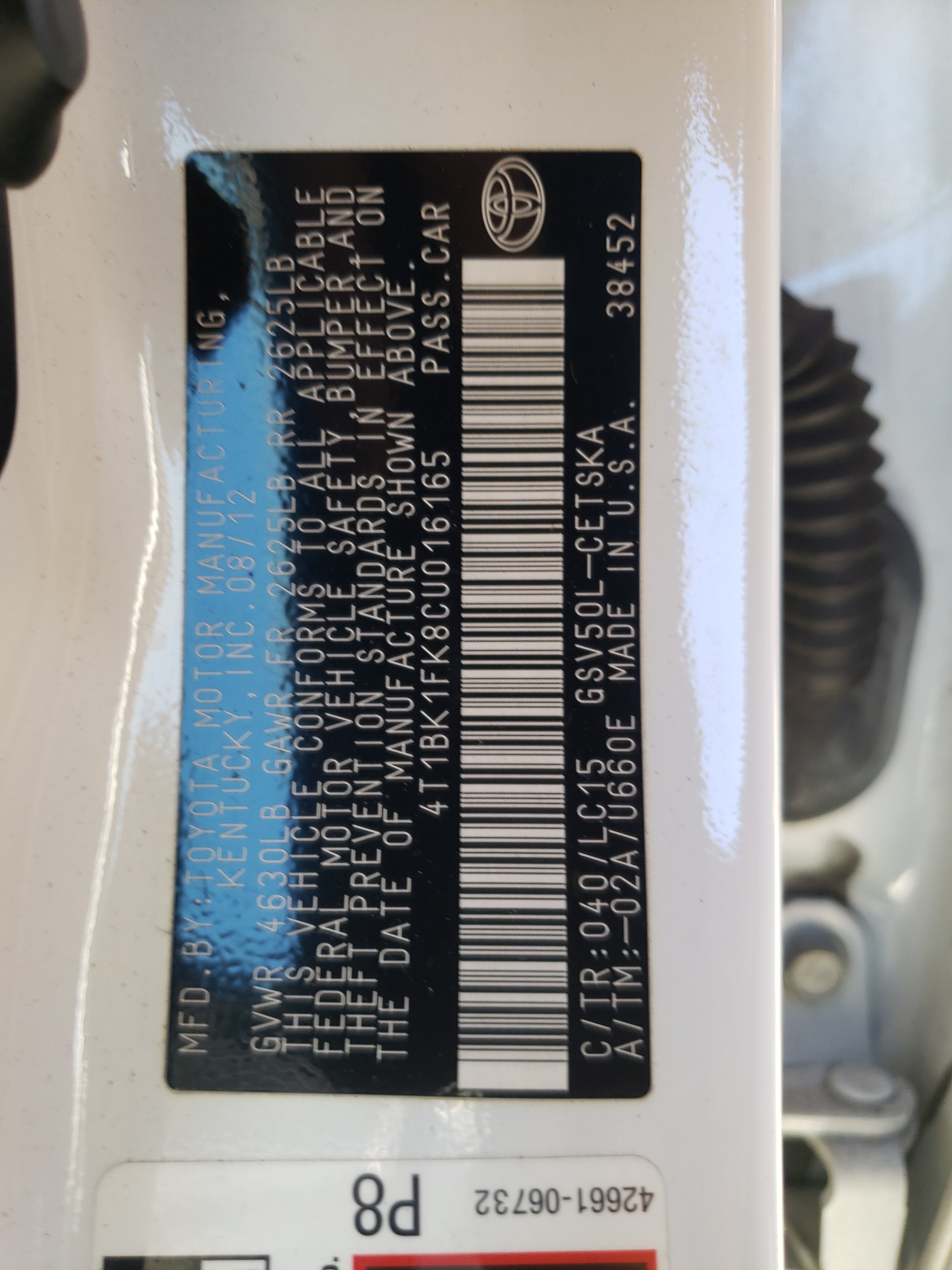 Photo 10 from auction – 2012 TOYOTA CAMRY SE with VIN 4T1BK1FK8CU016165