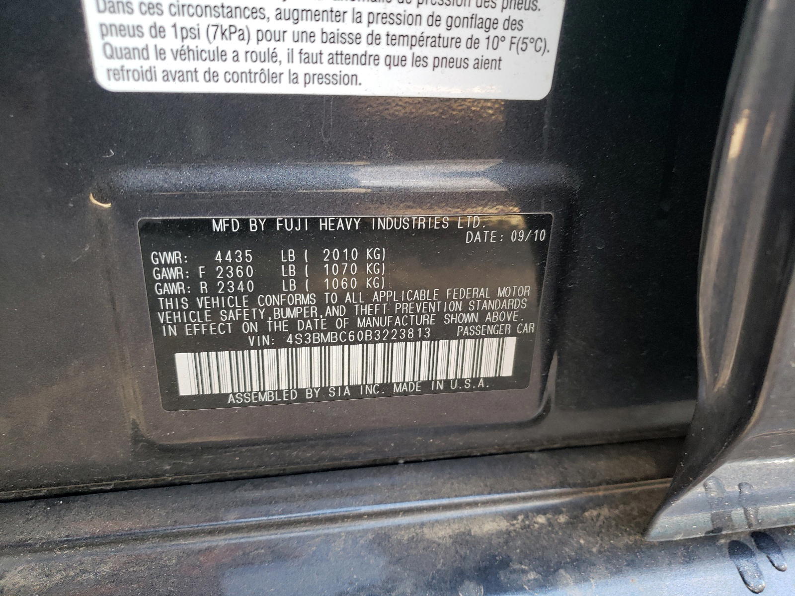 Photo 10 from auction – 2011 SUBARU LEGACY 2.5 with VIN 4S3BMBC60B3223813