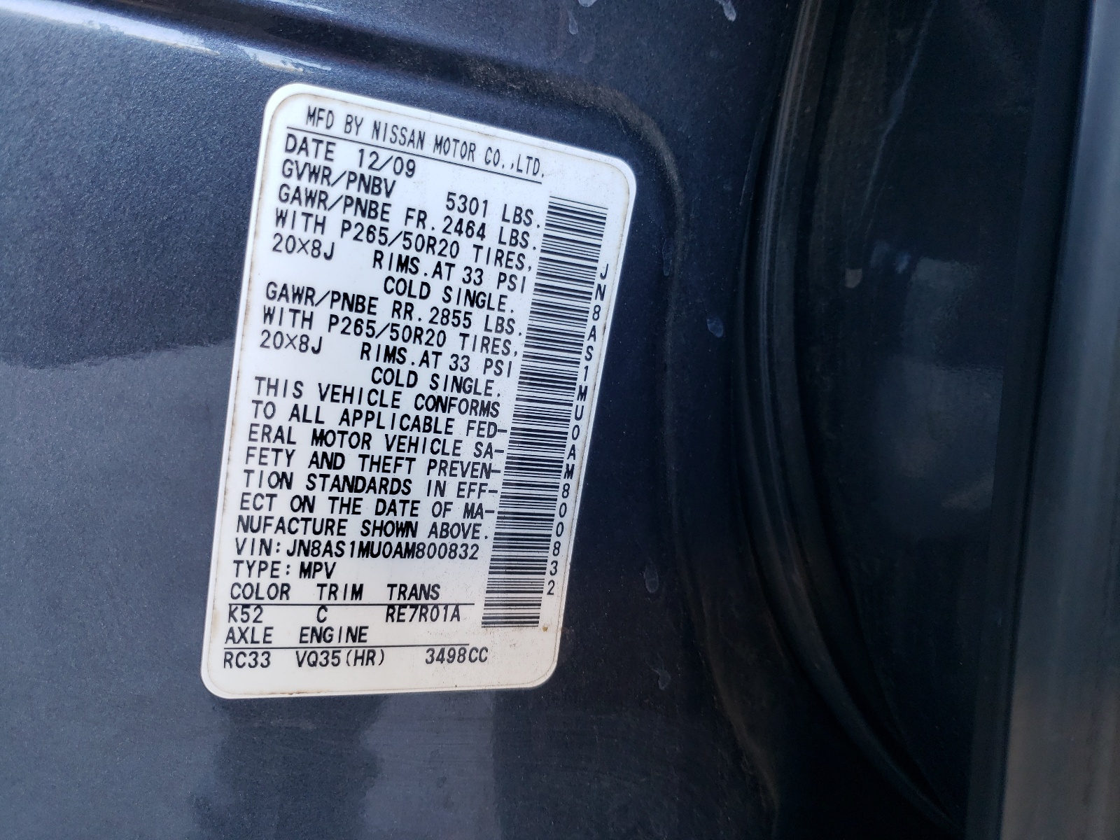 Photo 10 from auction – 2010 INFINITI FX35 with VIN JN8AS1MU0AM800832