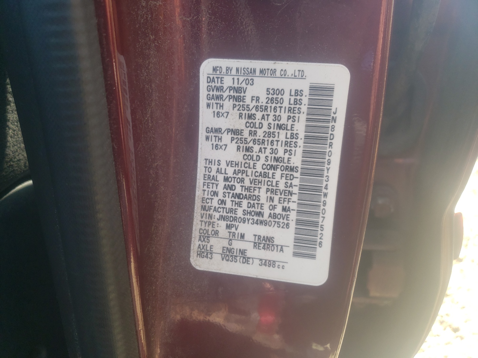 Photo 10 from auction – 2004 NISSAN PATHFINDER with VIN JN8DR09Y34W907526