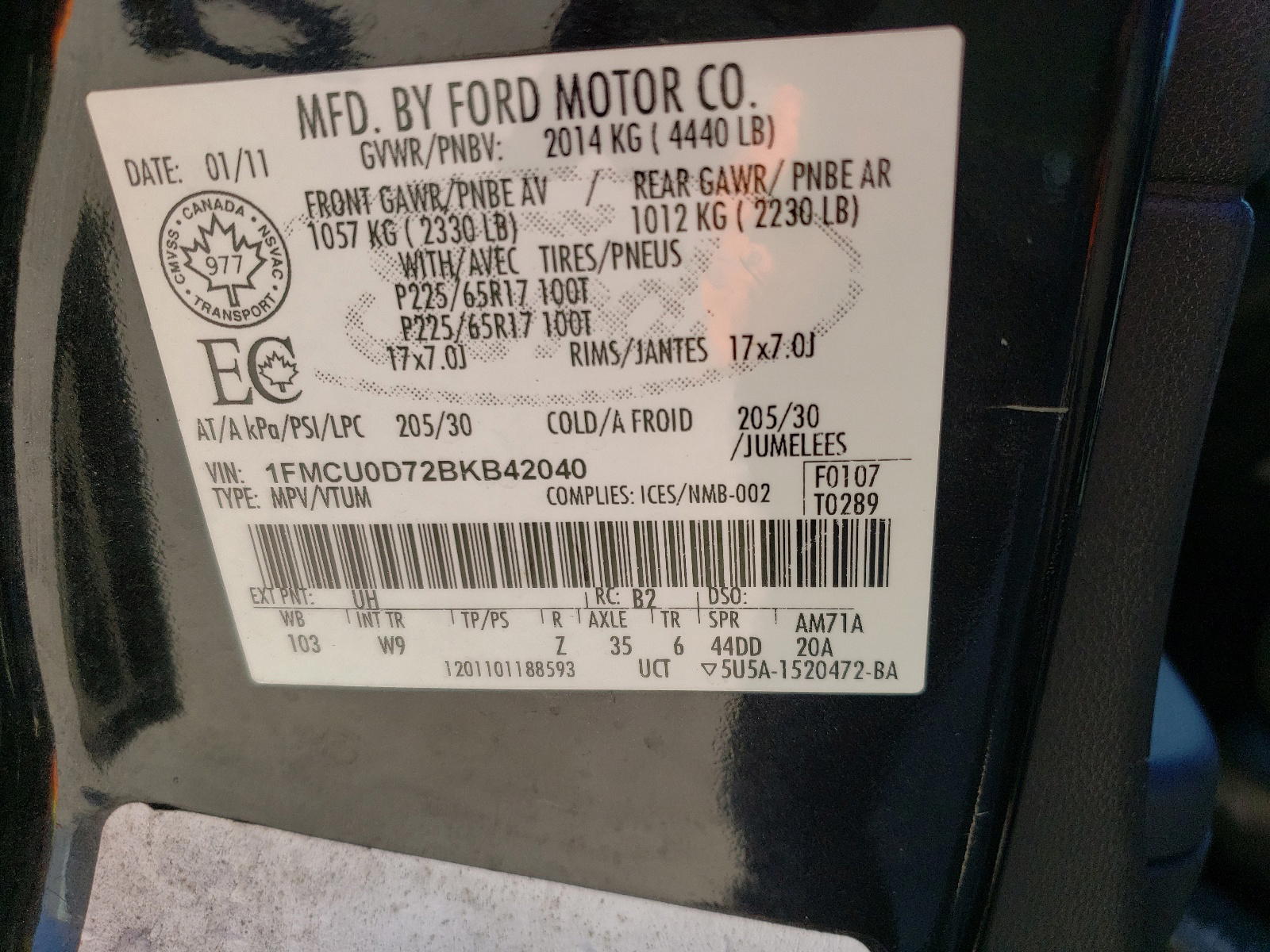 Photo 10 from auction – 2011 FORD ESCAPE with VIN 1FMCU0D72BKB42040