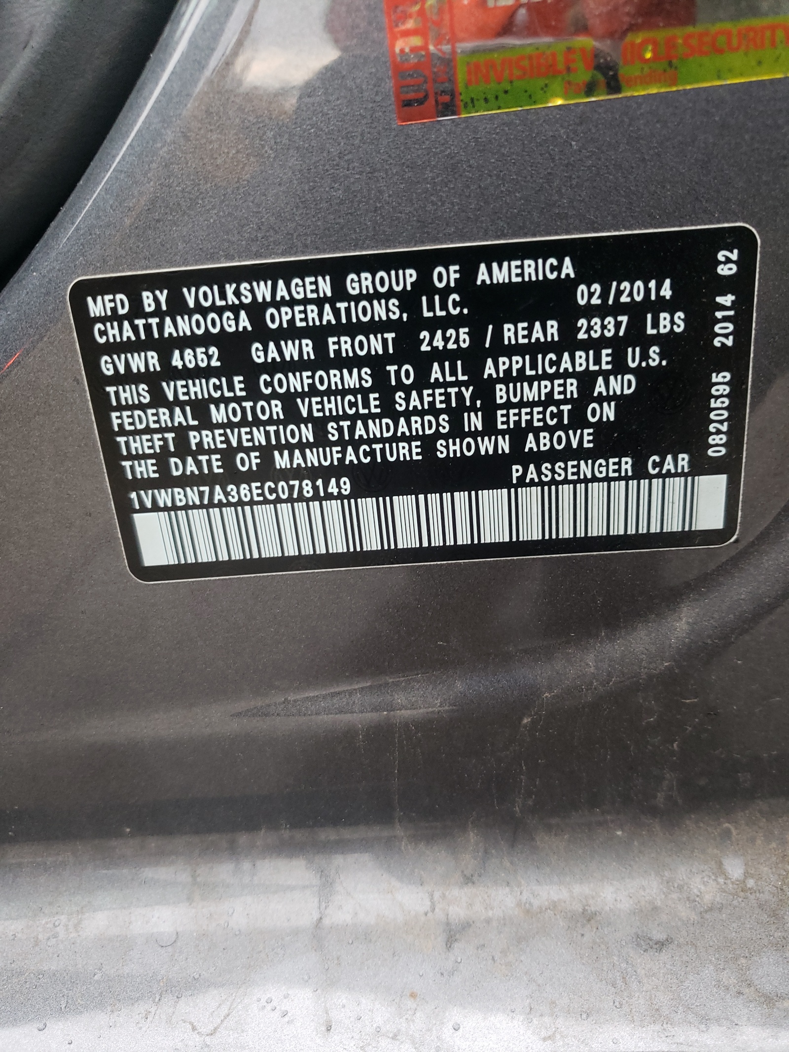 Photo 10 from auction – 2014 VOLKSWAGEN PASSAT SE with VIN 1VWBN7A36EC078149
