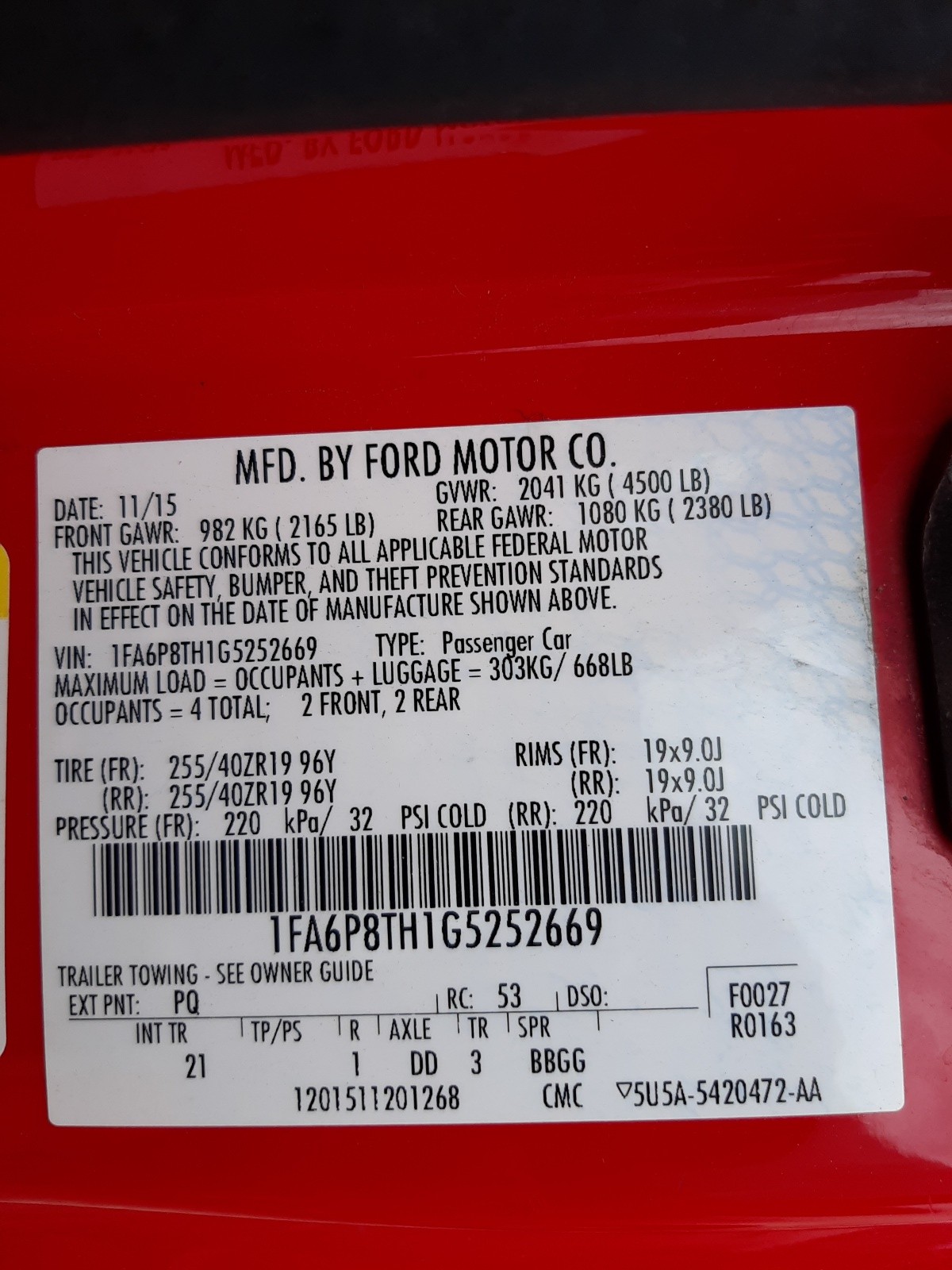 Photo 10 from auction – 2016 FORD MUSTANG with VIN 1FA6P8TH1G5252669