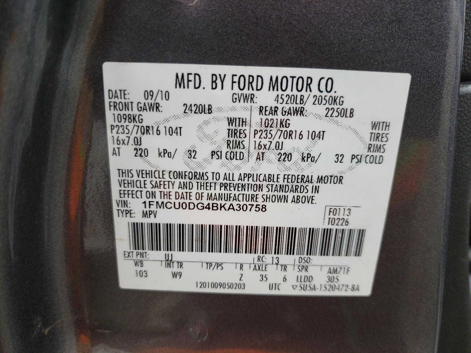 Photo 10 from auction – 2011 FORD ESCAPE XLT with VIN 1FMCU0DG4BKA30758