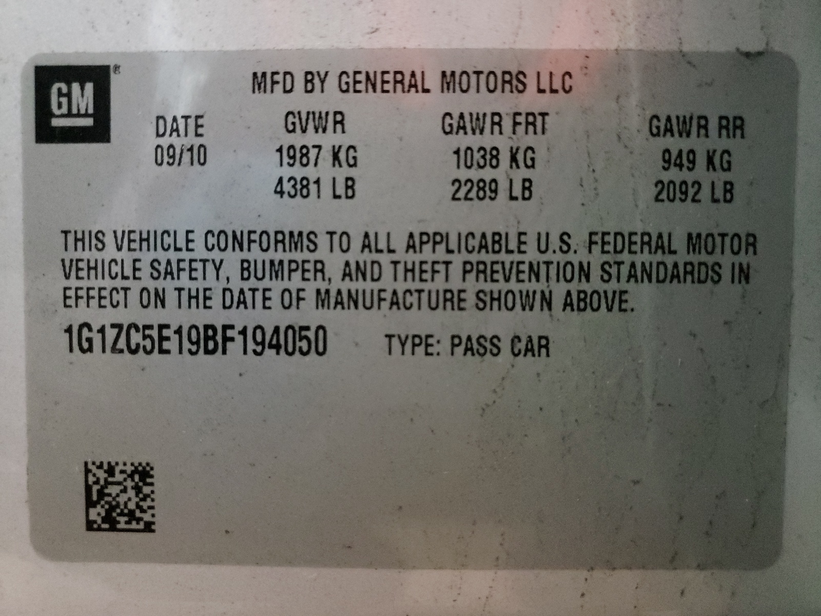 Photo 10 from auction – 2011 CHEVROLET MALIBU 1LT with VIN 1G1ZC5E19BF194050