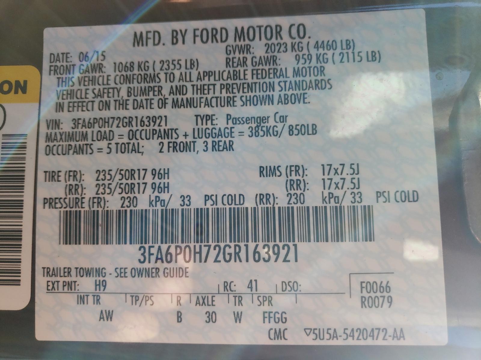 Photo 10 from auction – 2016 FORD FUSION SE with VIN 3FA6P0H72GR163921