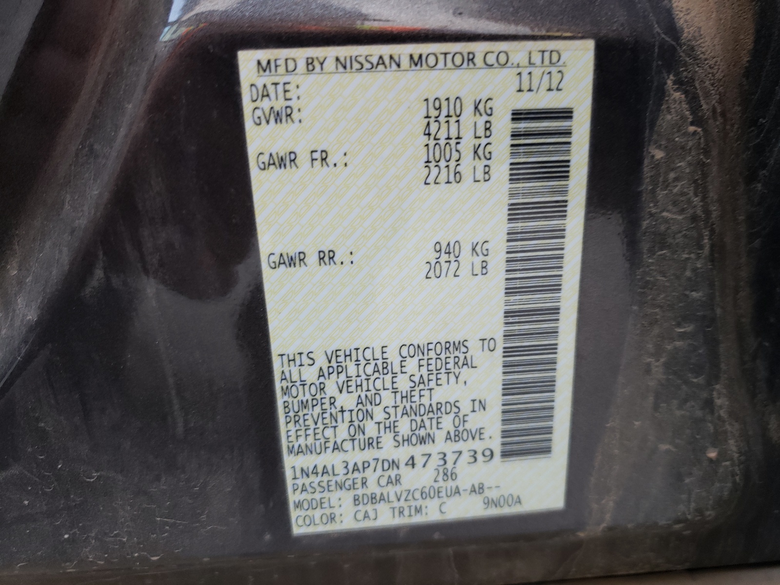 Photo 10 from auction – 2013 NISSAN ALTIMA 2.5 with VIN 1N4AL3AP7DN473739